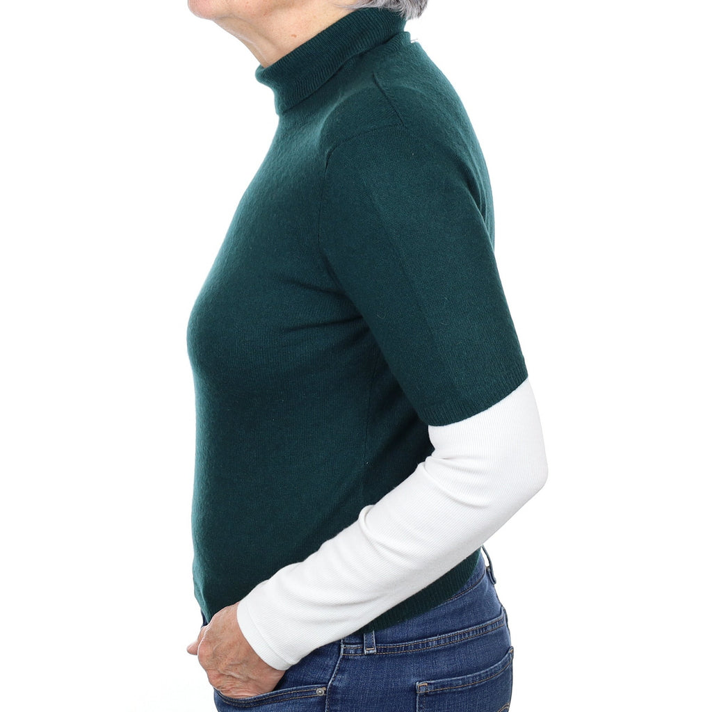 Bottle Green Cashmere Short Sleeve Polo Neck Jumper Medium