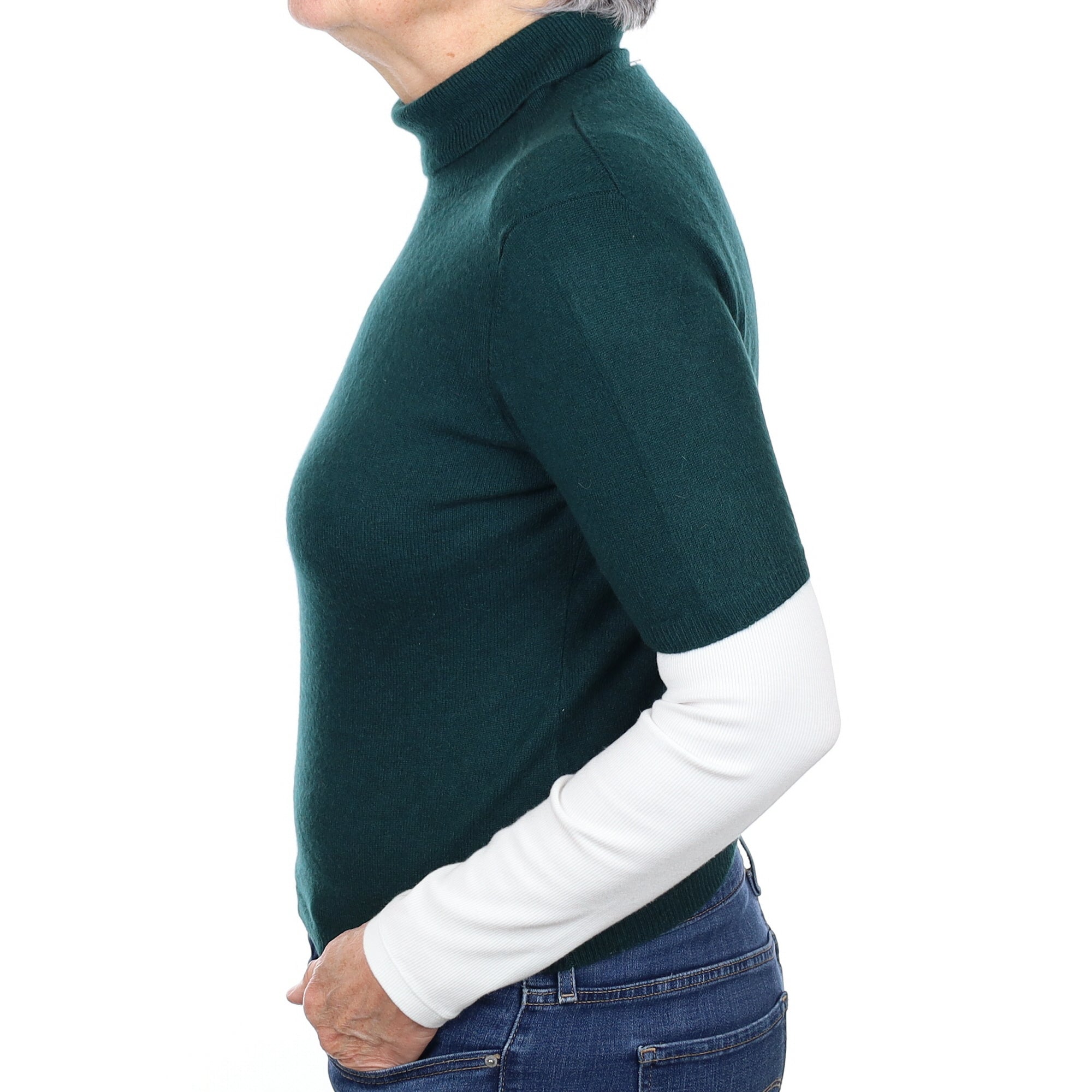 Bottle Green Cashmere Short Sleeve Polo Neck Jumper Medium