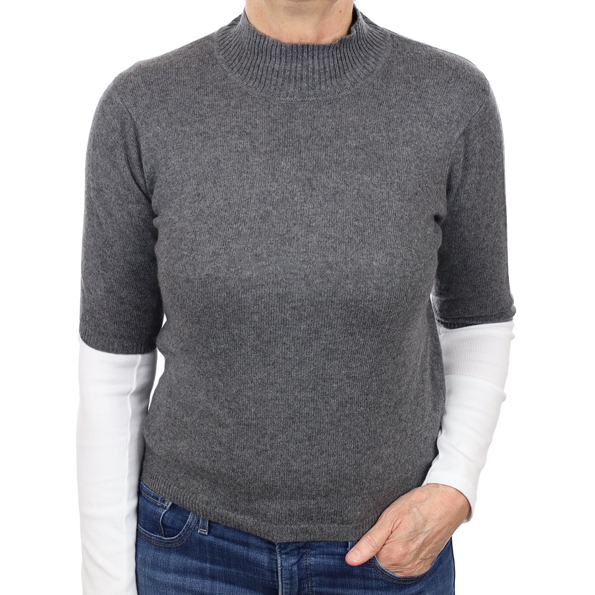 Slate Grey Cashmere Short Sleeve Turtleneck Jumper Medium