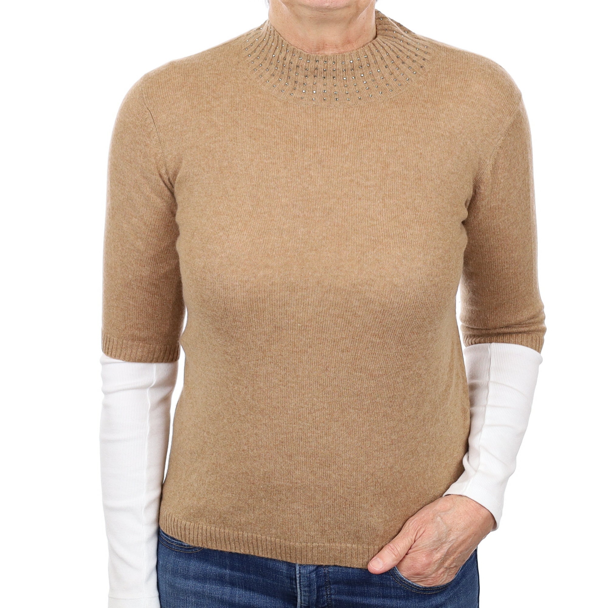 Caramel Brown Diamanté Cashmere Short Sleeve Turtleneck Jumper Medium