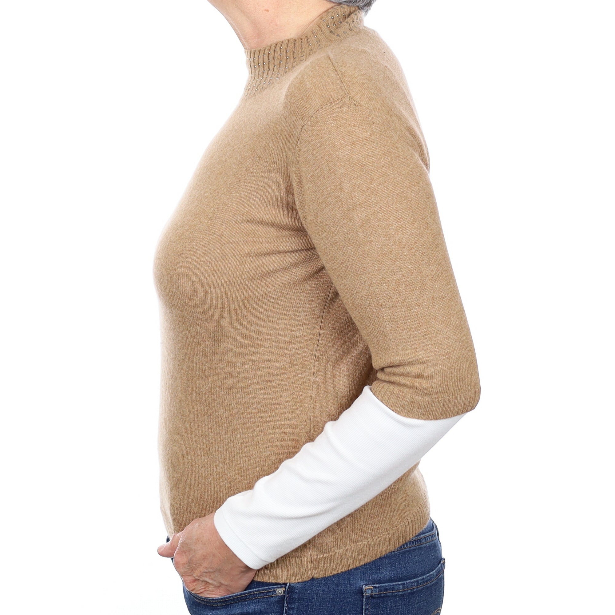 Caramel Brown Diamanté Cashmere Short Sleeve Turtleneck Jumper Medium