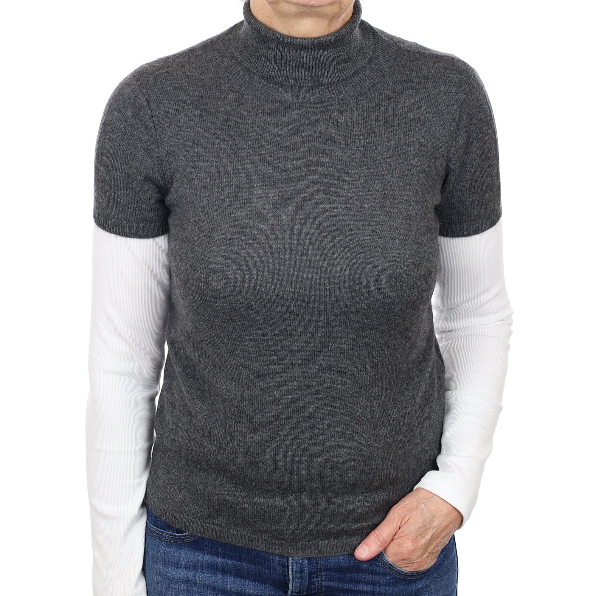 Charcoal Grey Cashmere Short Sleeve Polo Neck Jumper Medium