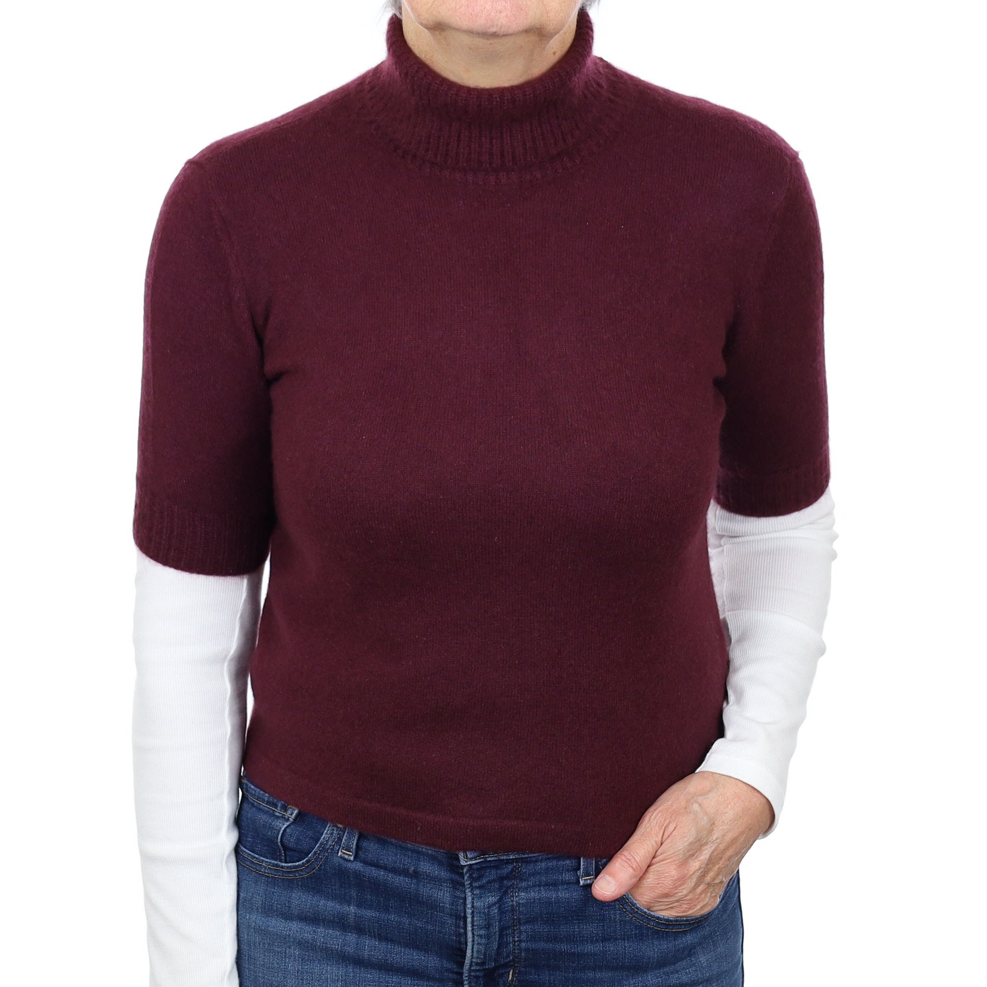 Aubergine Purple Cashmere Short Sleeve Polo Neck Jumper Medium