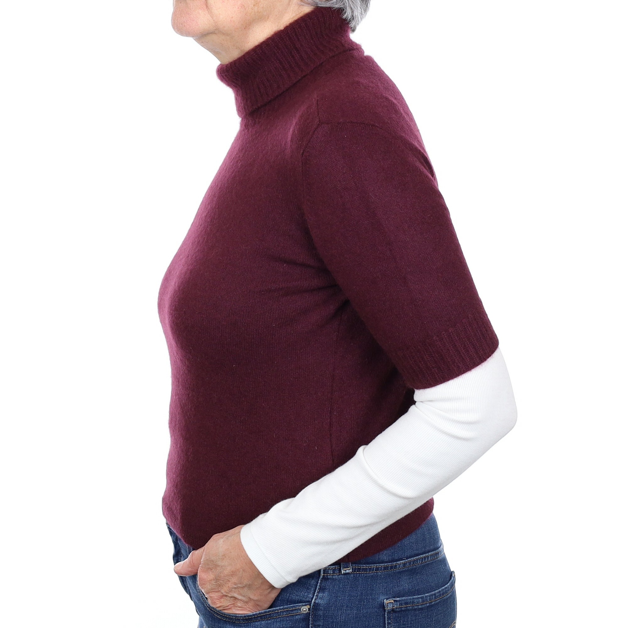 Aubergine Purple Cashmere Short Sleeve Polo Neck Jumper Medium