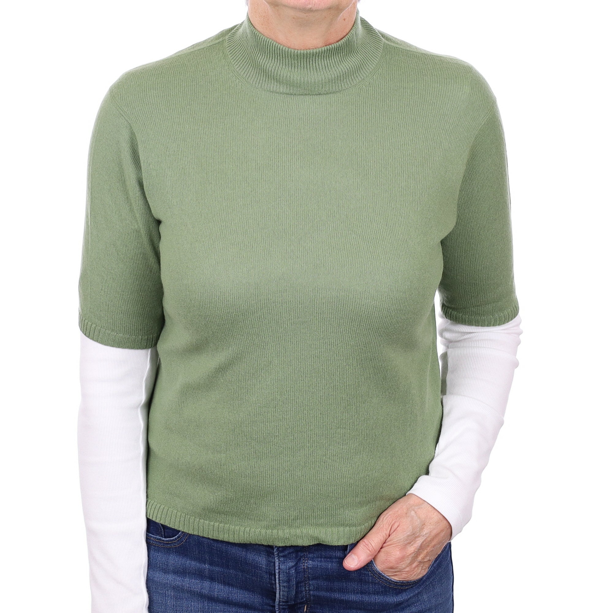 Everglade Green Cashmere Short Sleeve Turtleneck Jumper Medium