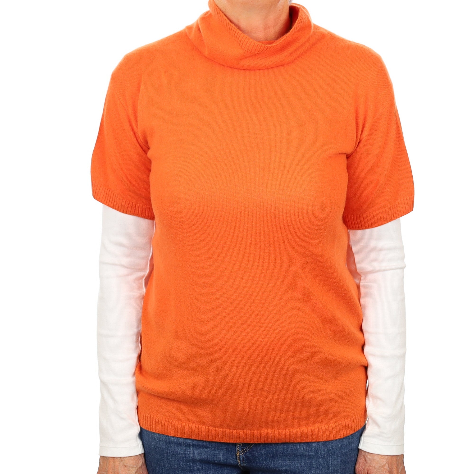 Tangerine Orange Cashmere Short Sleeve Funnel Neck Jumper Medium