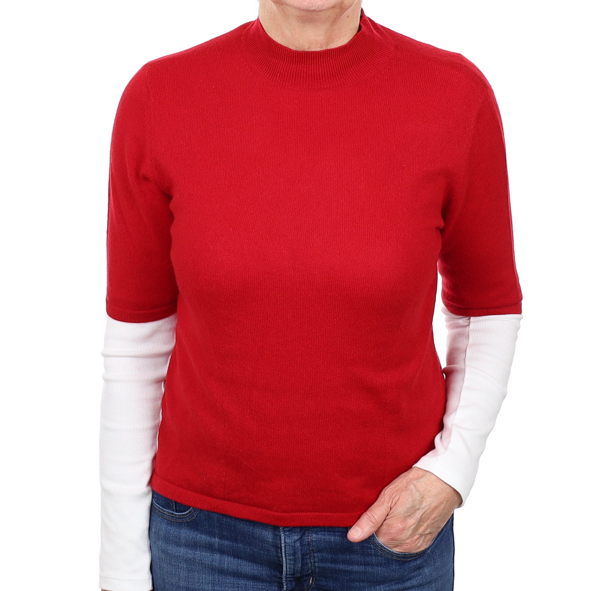 Berry Red Cashmere Short Sleeve Turtleneck Jumper Medium