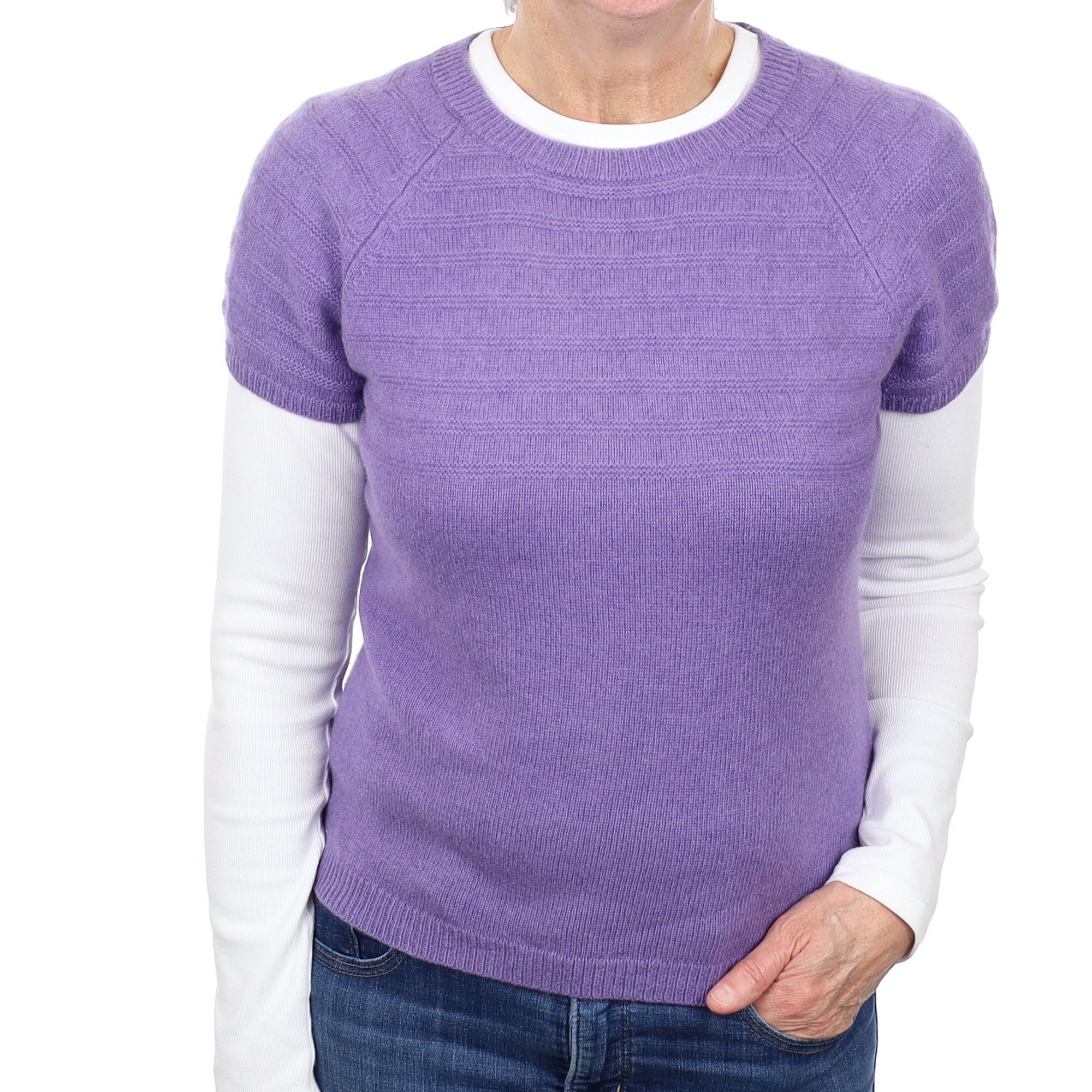 Deep Lavender Cashmere Short Sleeve Crew Neck Jumper Medium