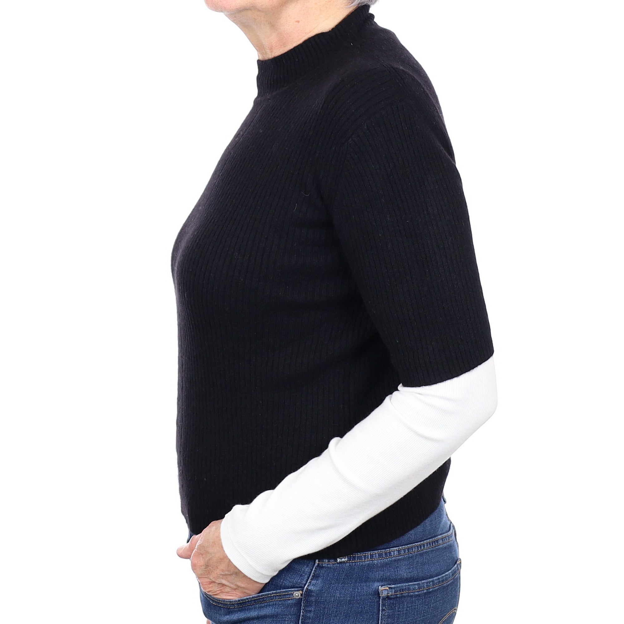 Black Rib Cashmere Short Sleeve Turtleneck Jumper Medium