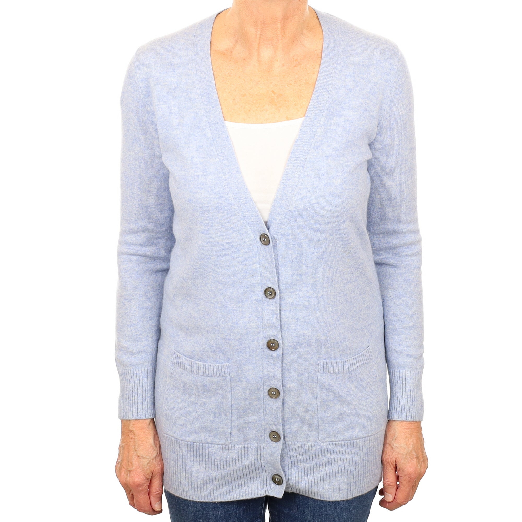 Sky Blue Marl Cashmere Longline V Neck Cardigan Medium