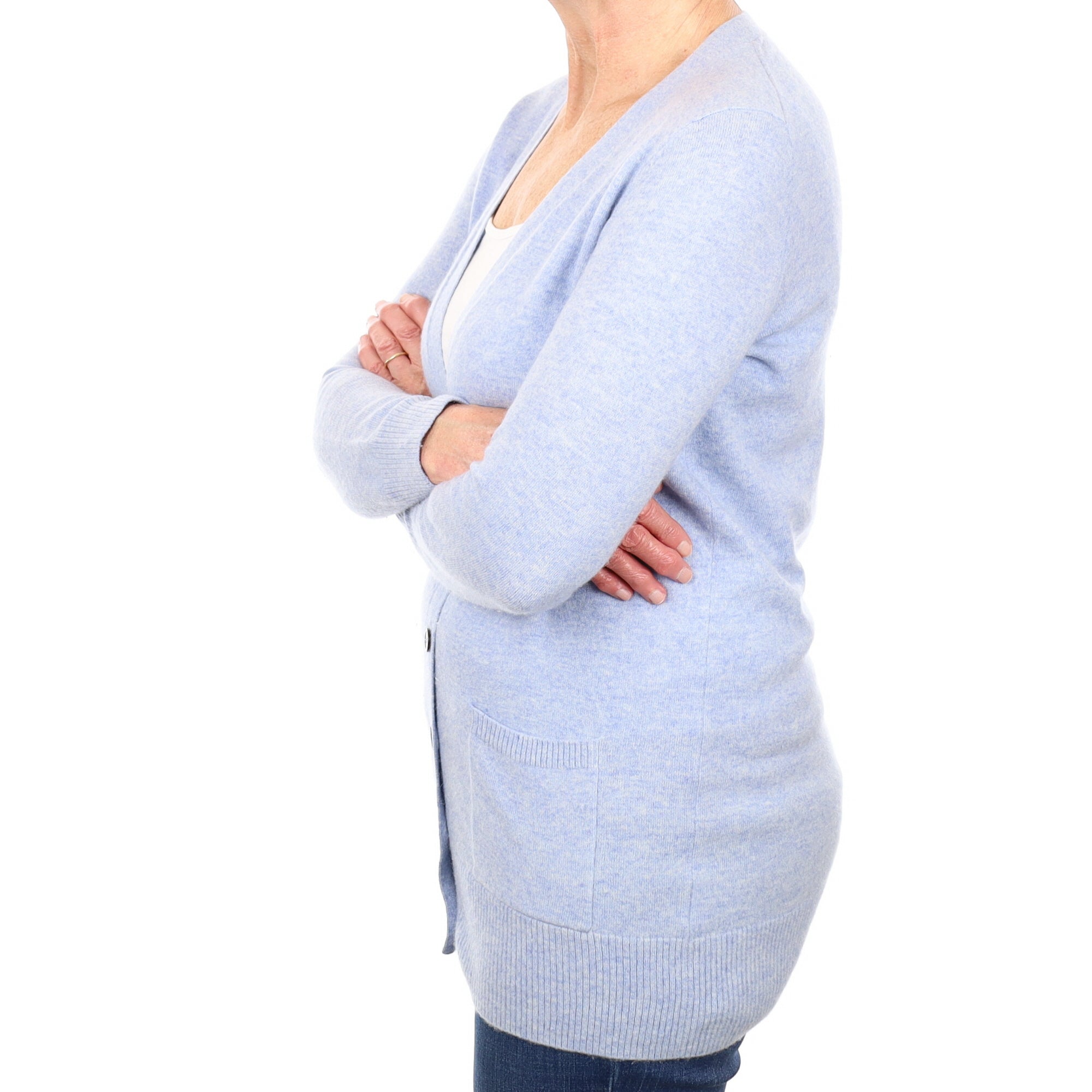 Sky Blue Marl Cashmere Longline V Neck Cardigan Medium