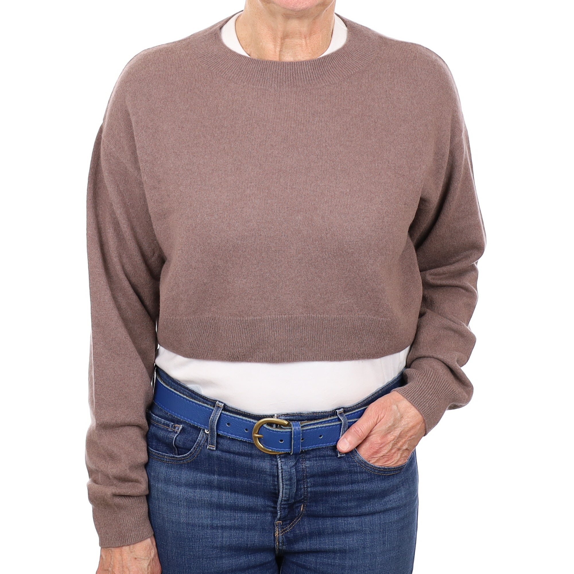 Mocha Brown Cashmere Boxy Cropped Crew Neck Medium