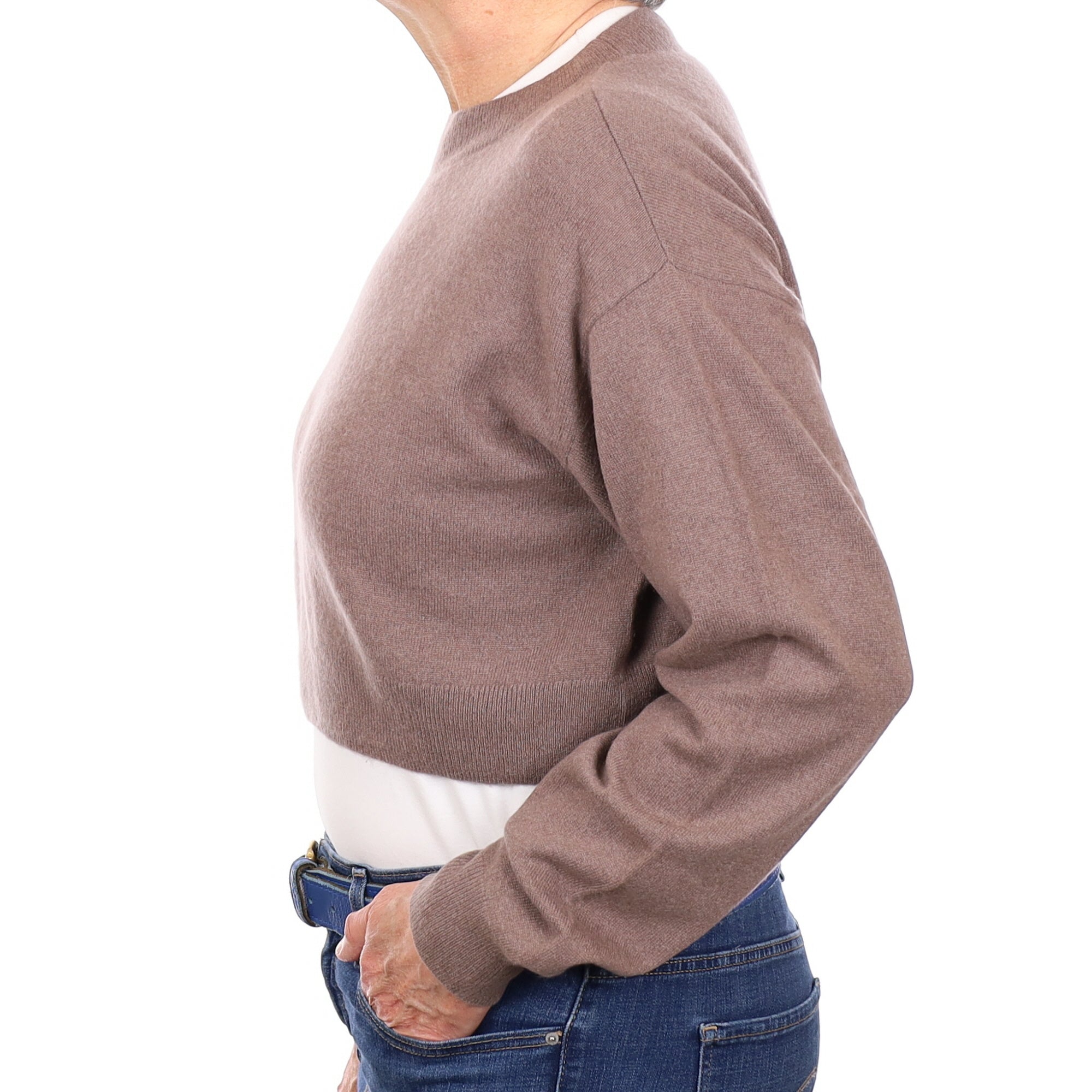 Mocha Brown Cashmere Boxy Cropped Crew Neck Medium