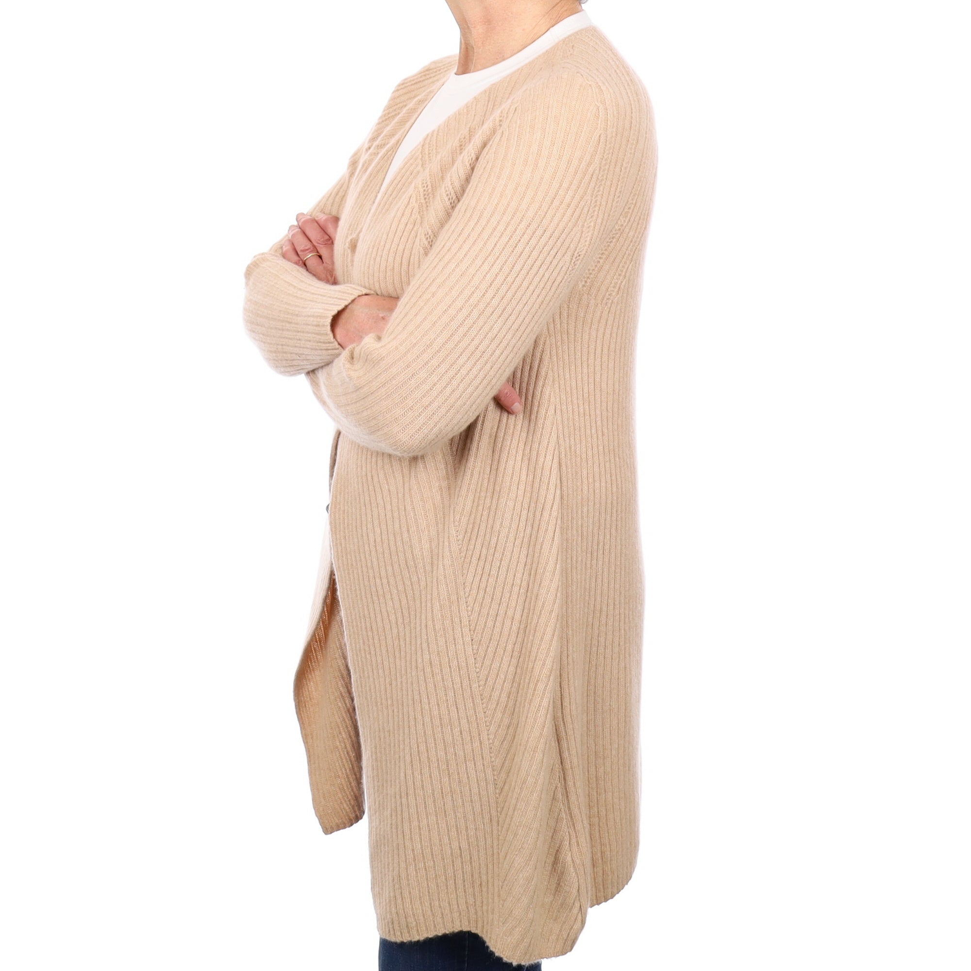Buff Rib Cashmere Longline Edge to Edge Cardigan Medium
