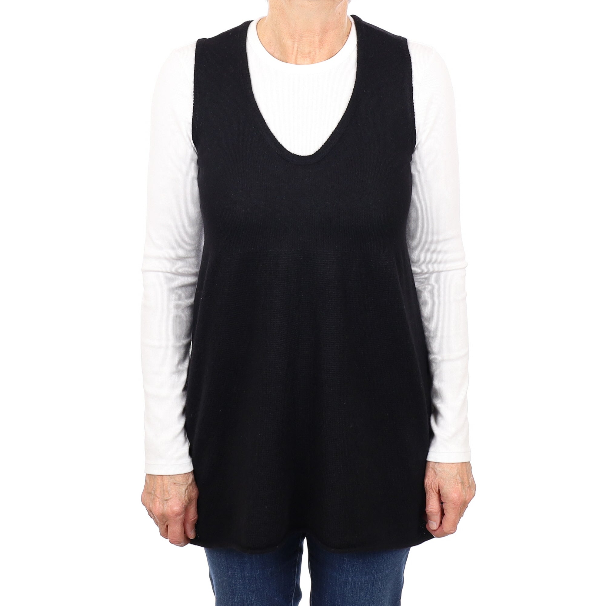 Black Cashmere Sleeveless Deep V Neck Tunic Medium