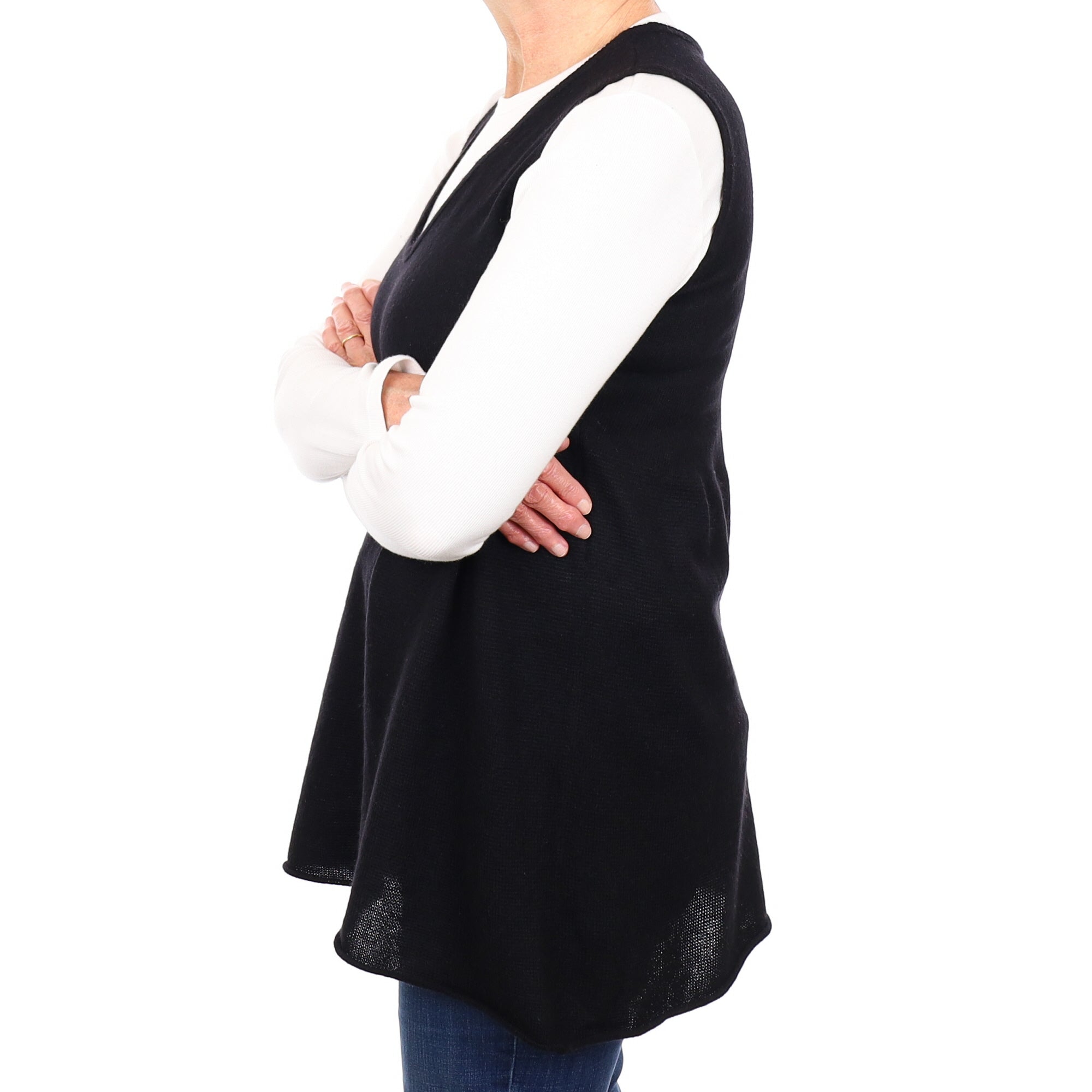 Black Cashmere Sleeveless Deep V Neck Tunic Medium
