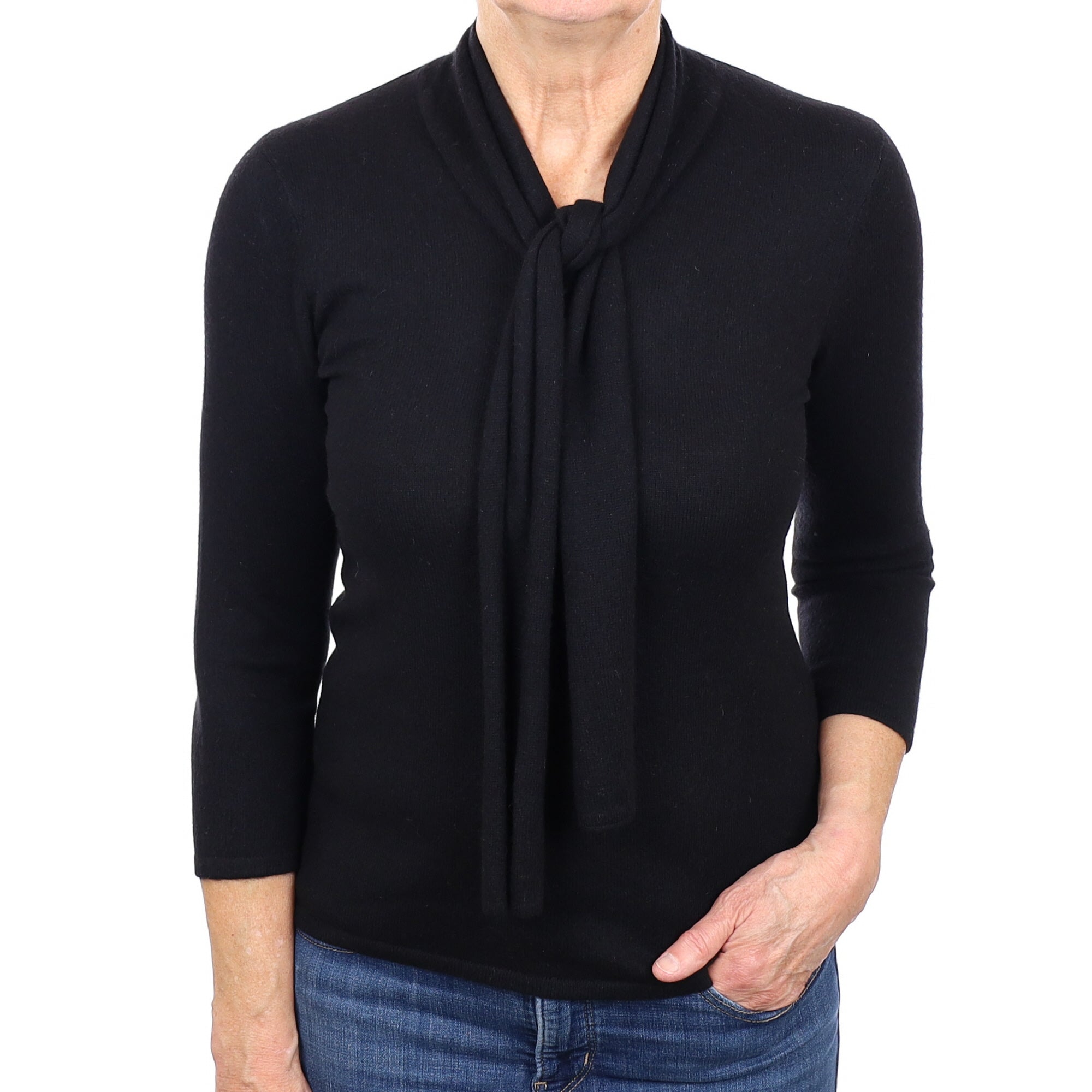 Black Cashmere V Neck Jumper with Tie Medium