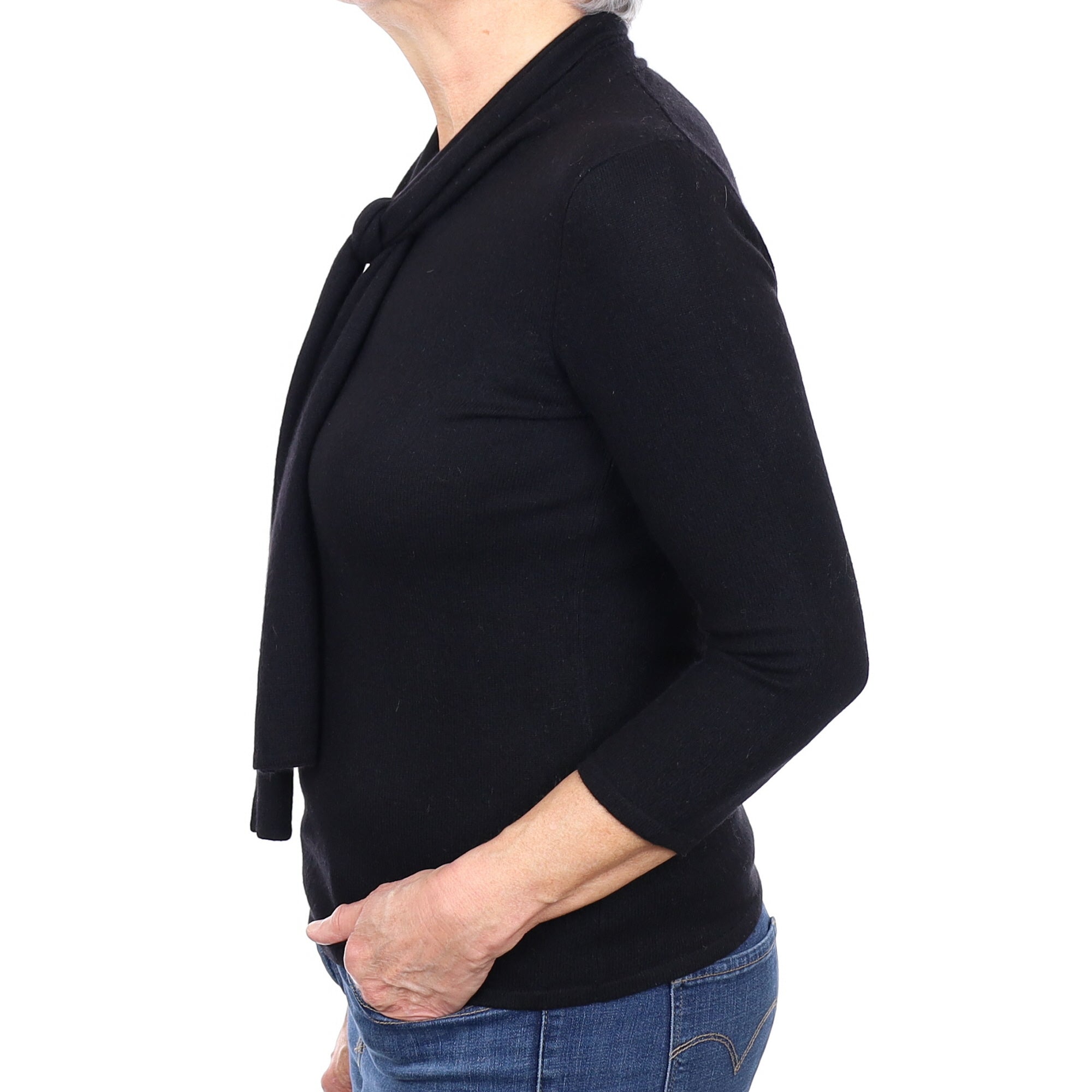 Black Cashmere V Neck Jumper with Tie Medium