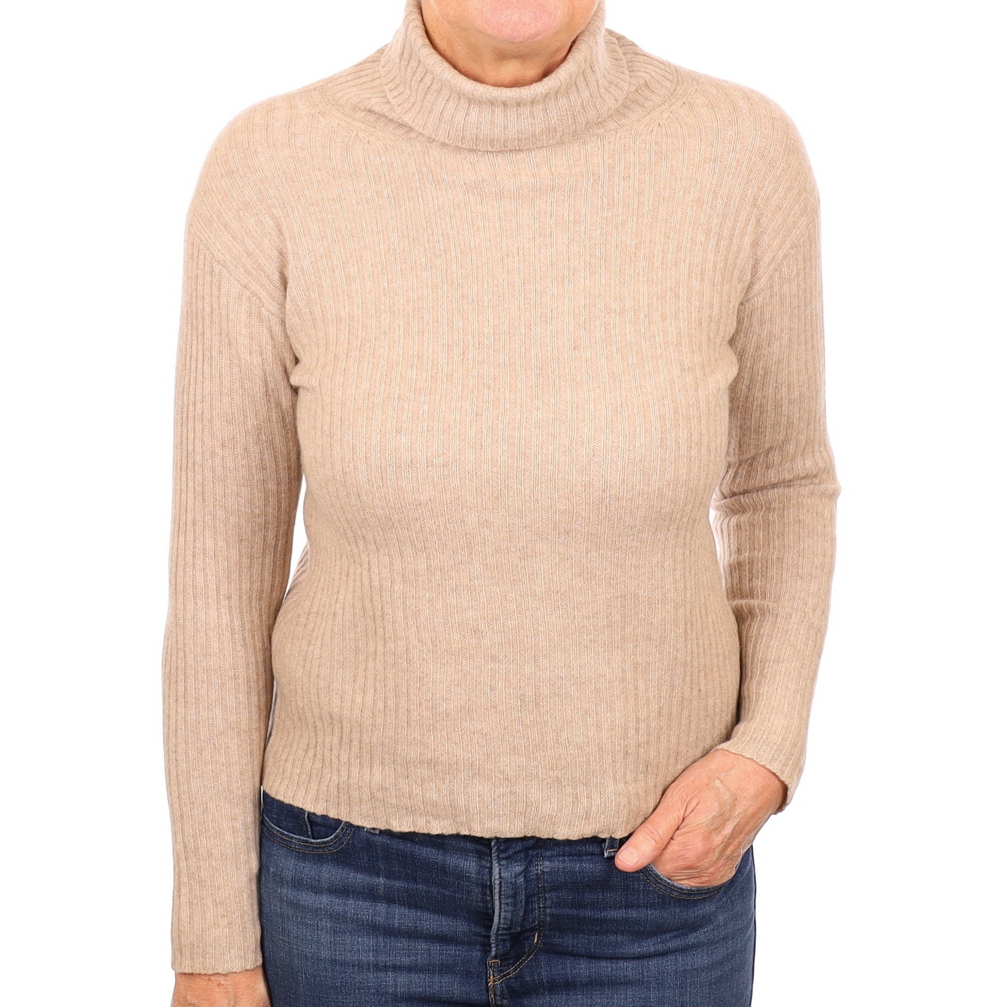 Fawn Rib Cashmere Polo Neck Jumper Medium