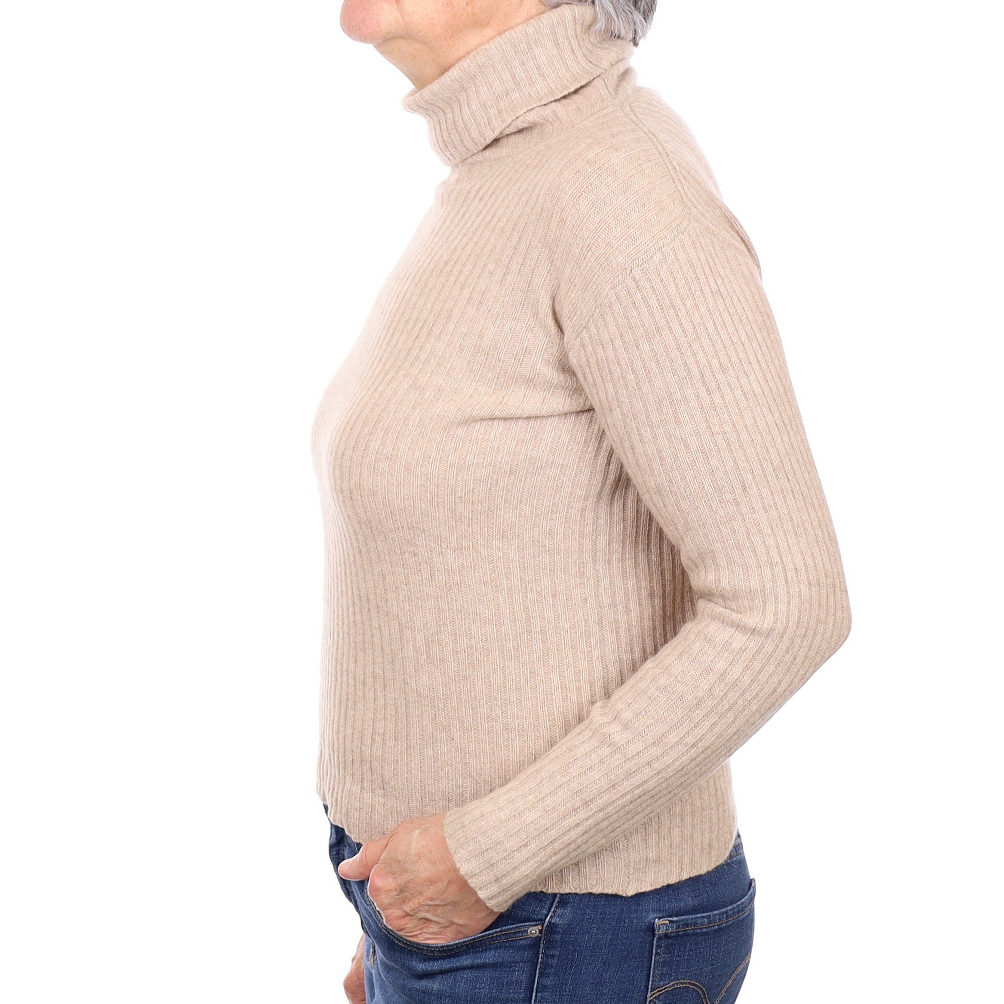 Fawn Rib Cashmere Polo Neck Jumper Medium