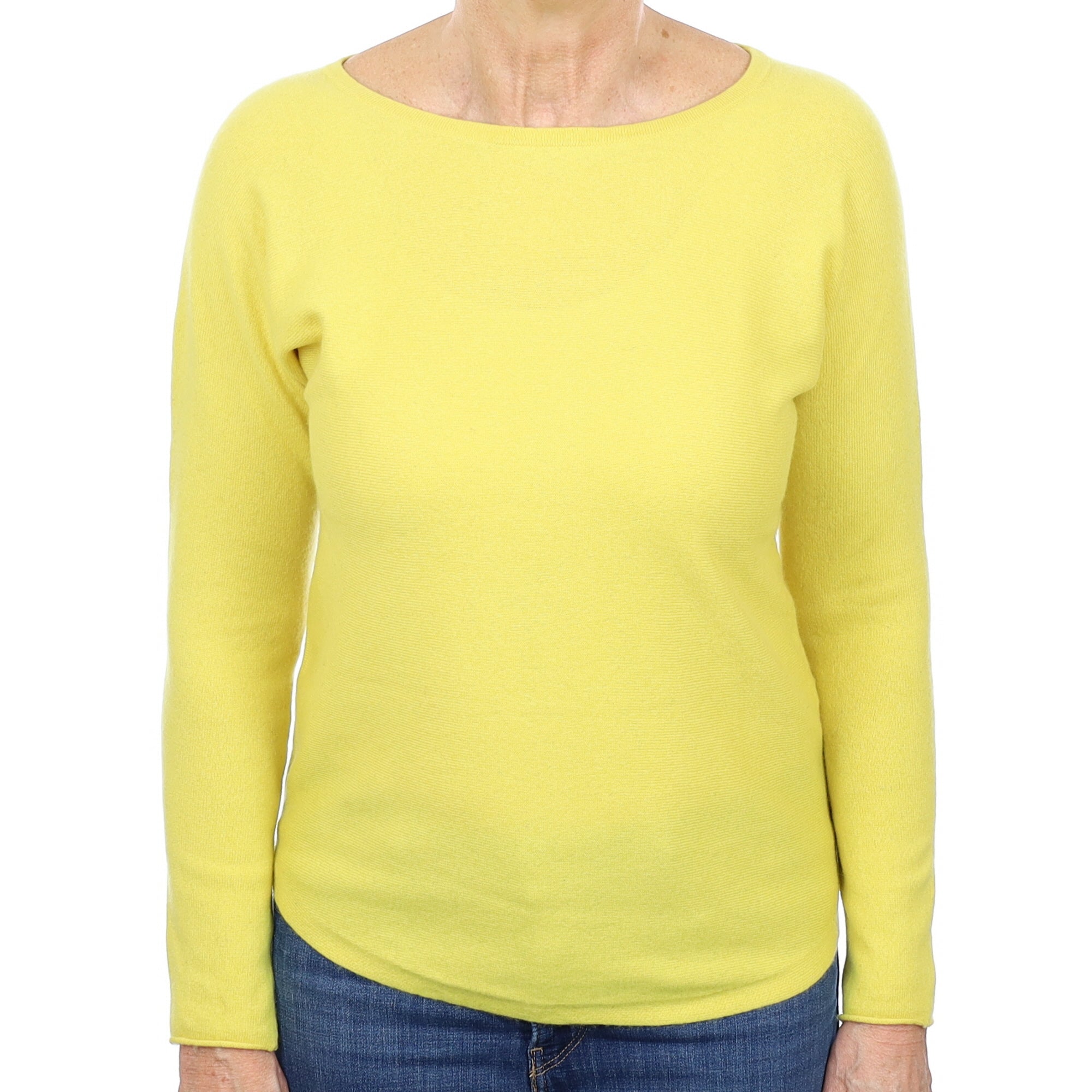 Daffodil Yellow Cashmere Batwing Wide Crew Neck Jumper Medium