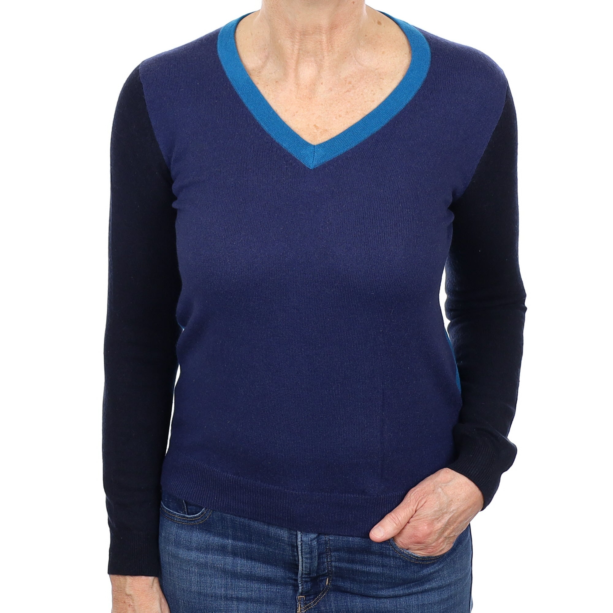 Navy Colour Block Cashmere V Neck Jumper Medium