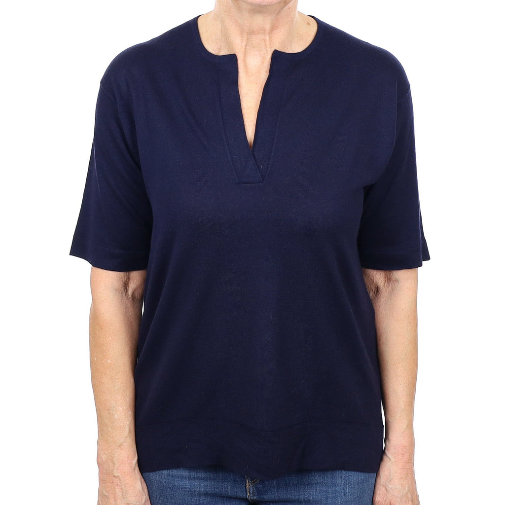 Navy Fine Knit Cashmere Short Sleeve Notch Neck Jumper Medium