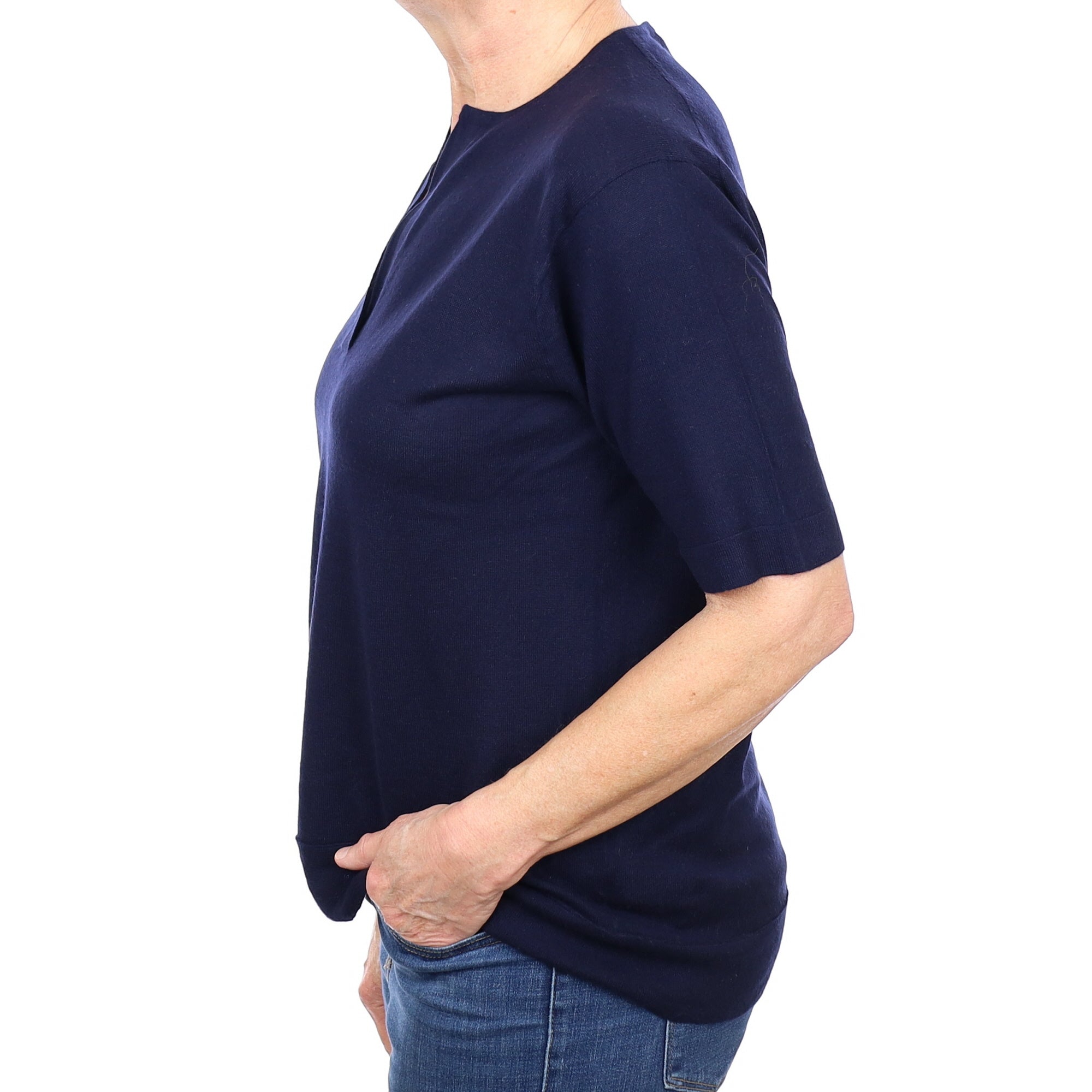 Navy Fine Knit Cashmere Short Sleeve Notch Neck Jumper Medium