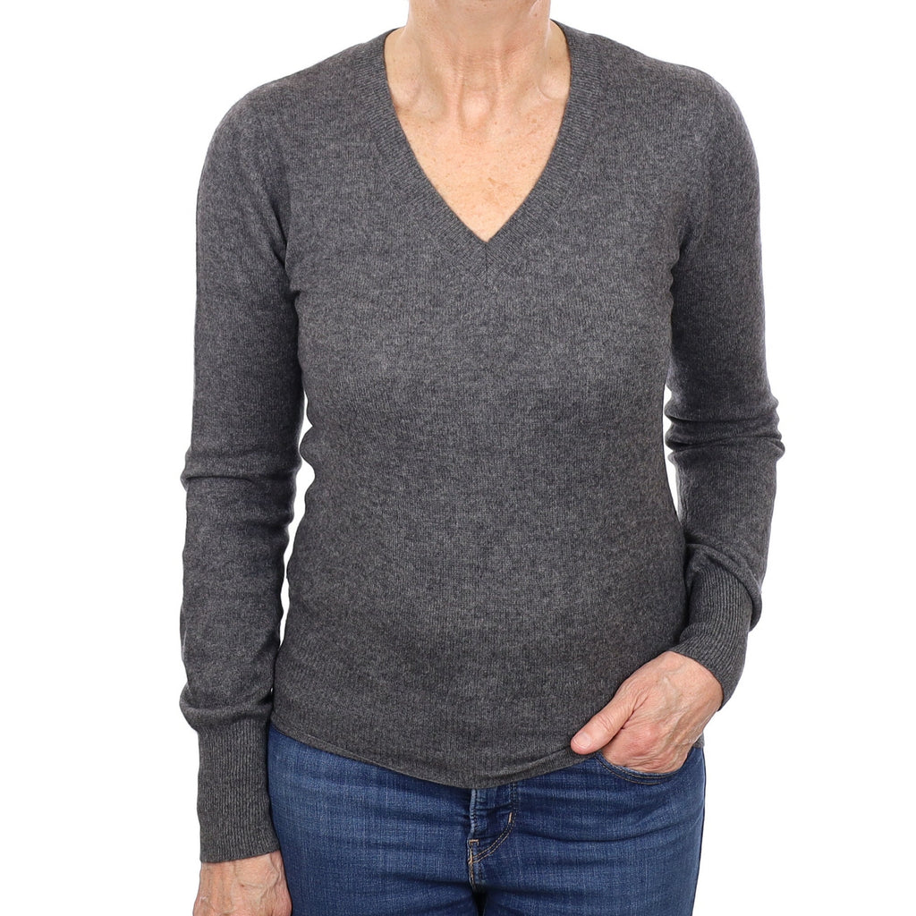 Charcoal Grey Cashmere V Neck Jumper Medium