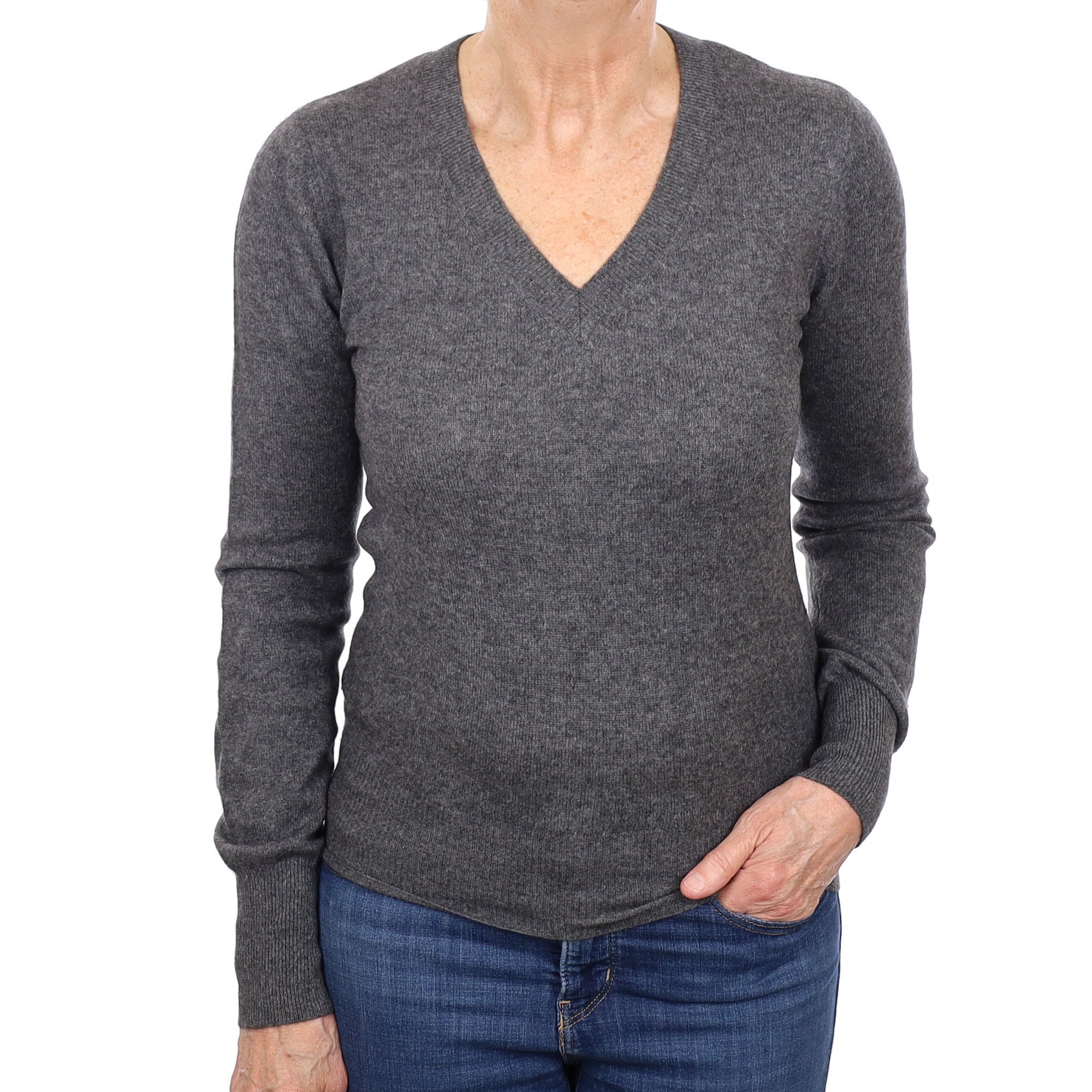 Charcoal Grey Cashmere V Neck Jumper Medium