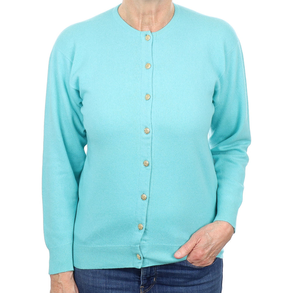 Scottish Pale Aqua Cashmere Crew Neck Cardigan Medium