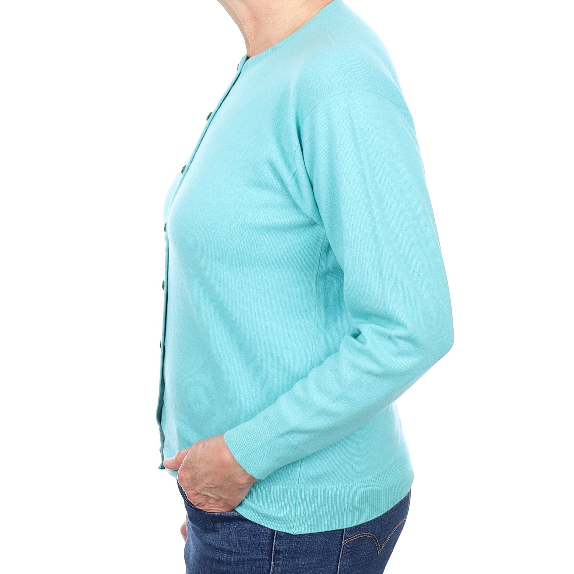 Scottish Pale Aqua Cashmere Crew Neck Cardigan Medium