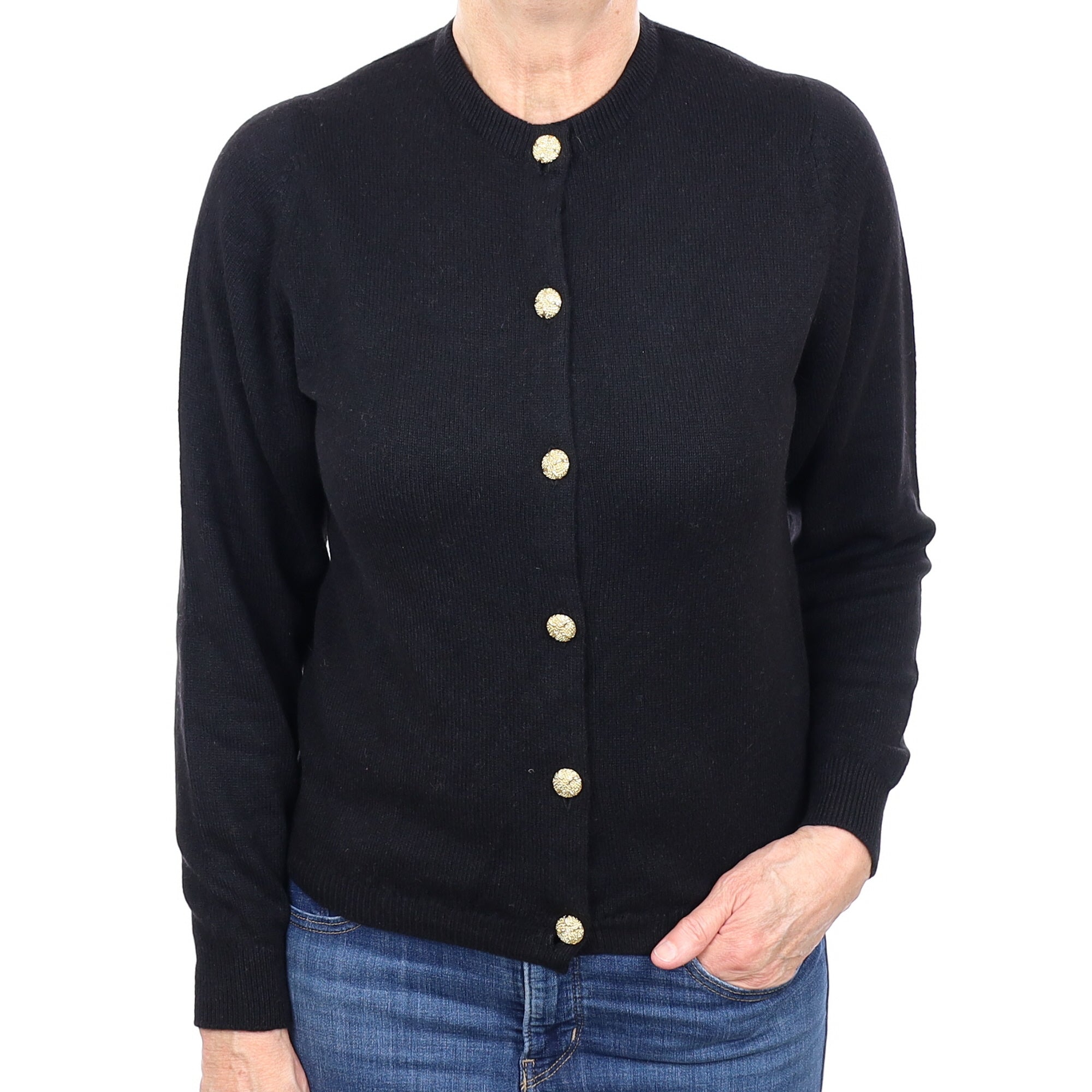 Scottish Black Cashmere Crew Neck Cardigan Medium