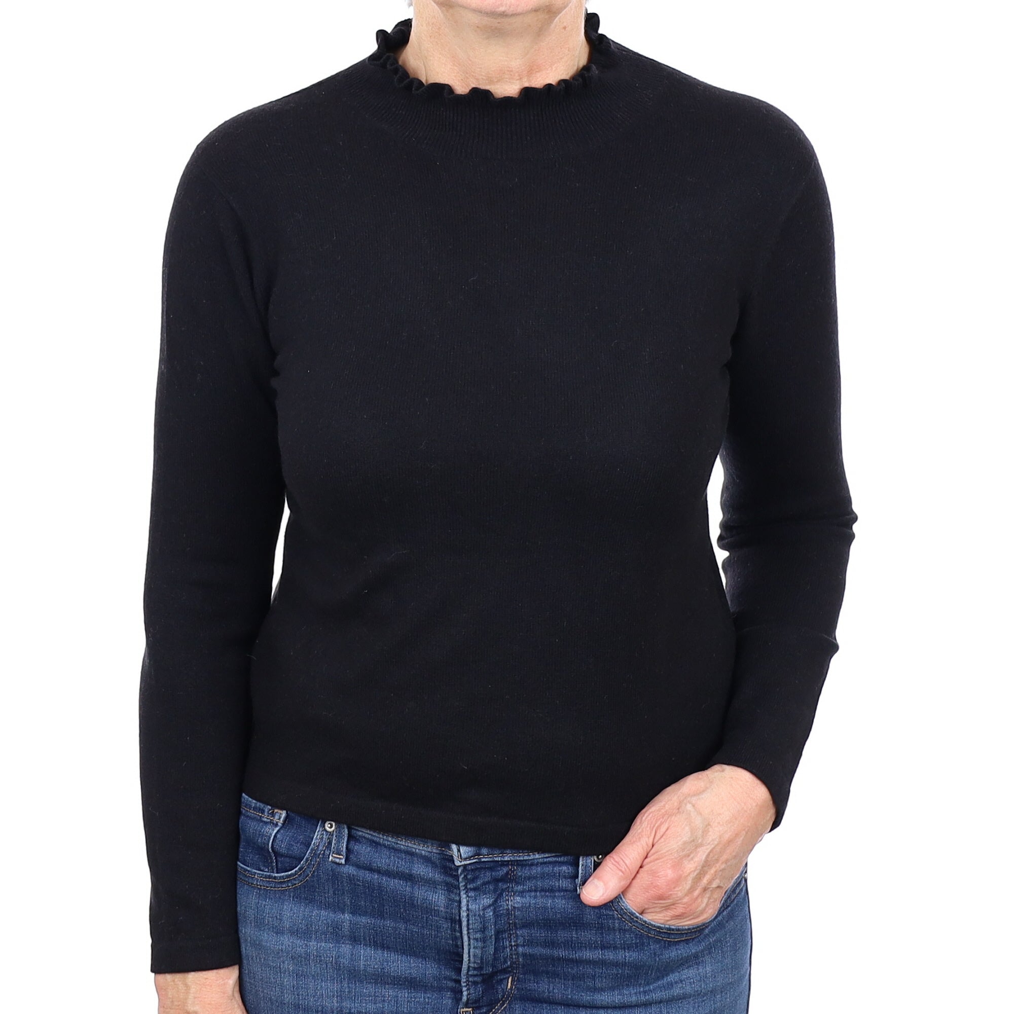 Black Cashmere Ruffle Edge Turtleneck Jumper Medium