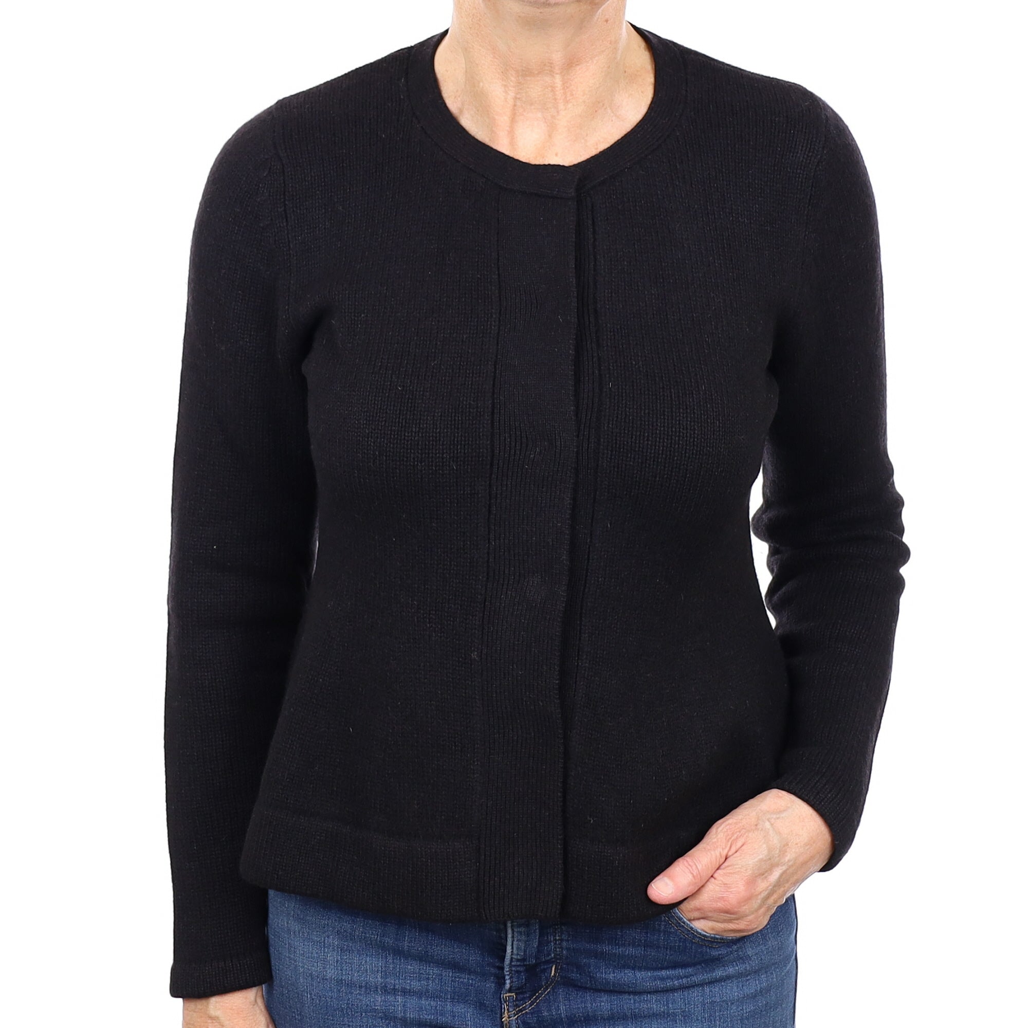 Black Chunky Knit Cashmere Crew Neck Cardigan Medium