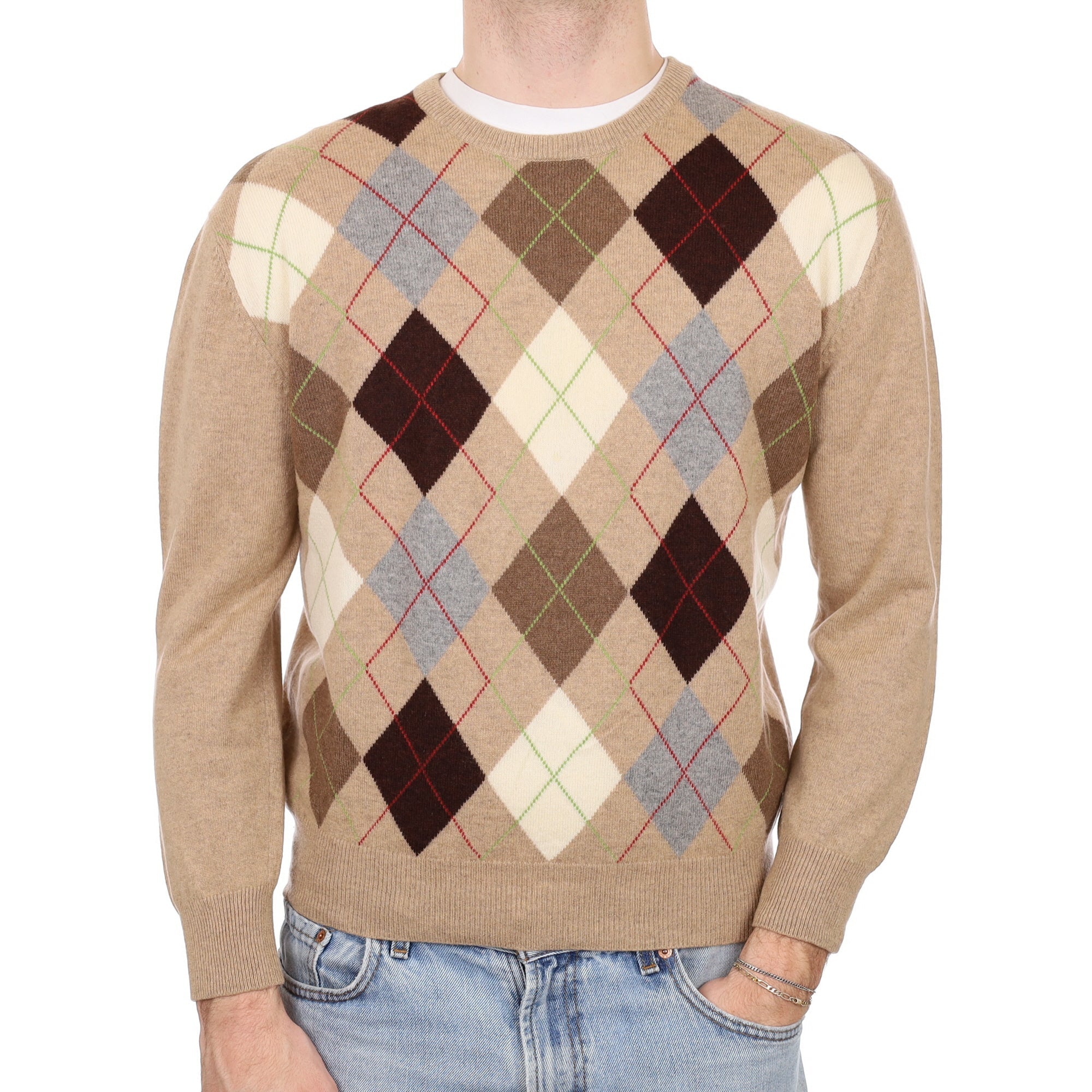 Men's Camel Argyle Cashmere Crew Neck Jumper Medium