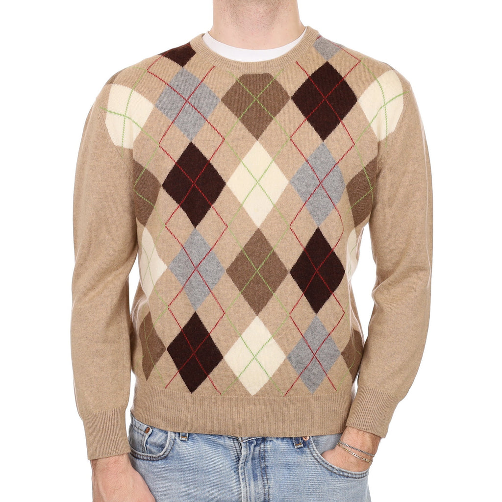 Men's Camel Argyle Cashmere Crew Neck Jumper Medium