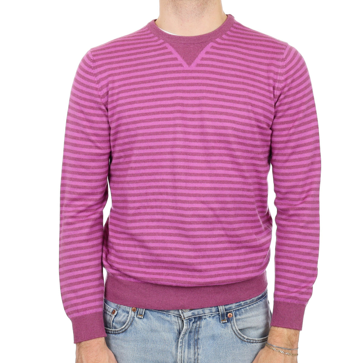 Men's Italian Foxglove Pink Stripe Cashmere Crew Neck Jumper Medium