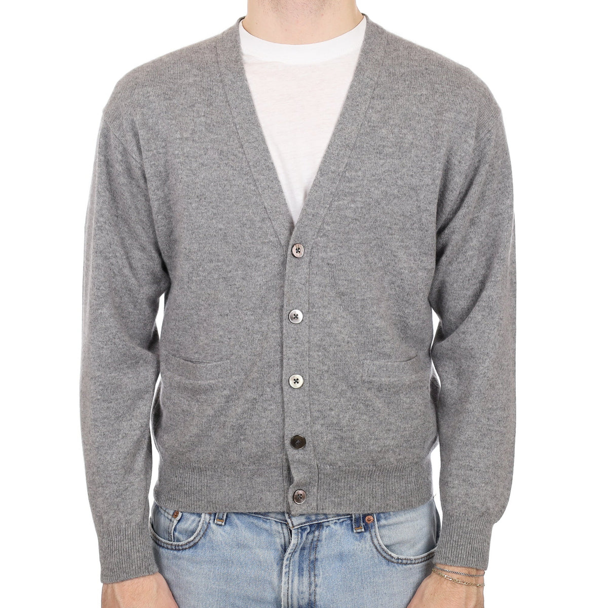 Men's Ash Grey Cashmere V Neck Cardigan with Pockets Medium