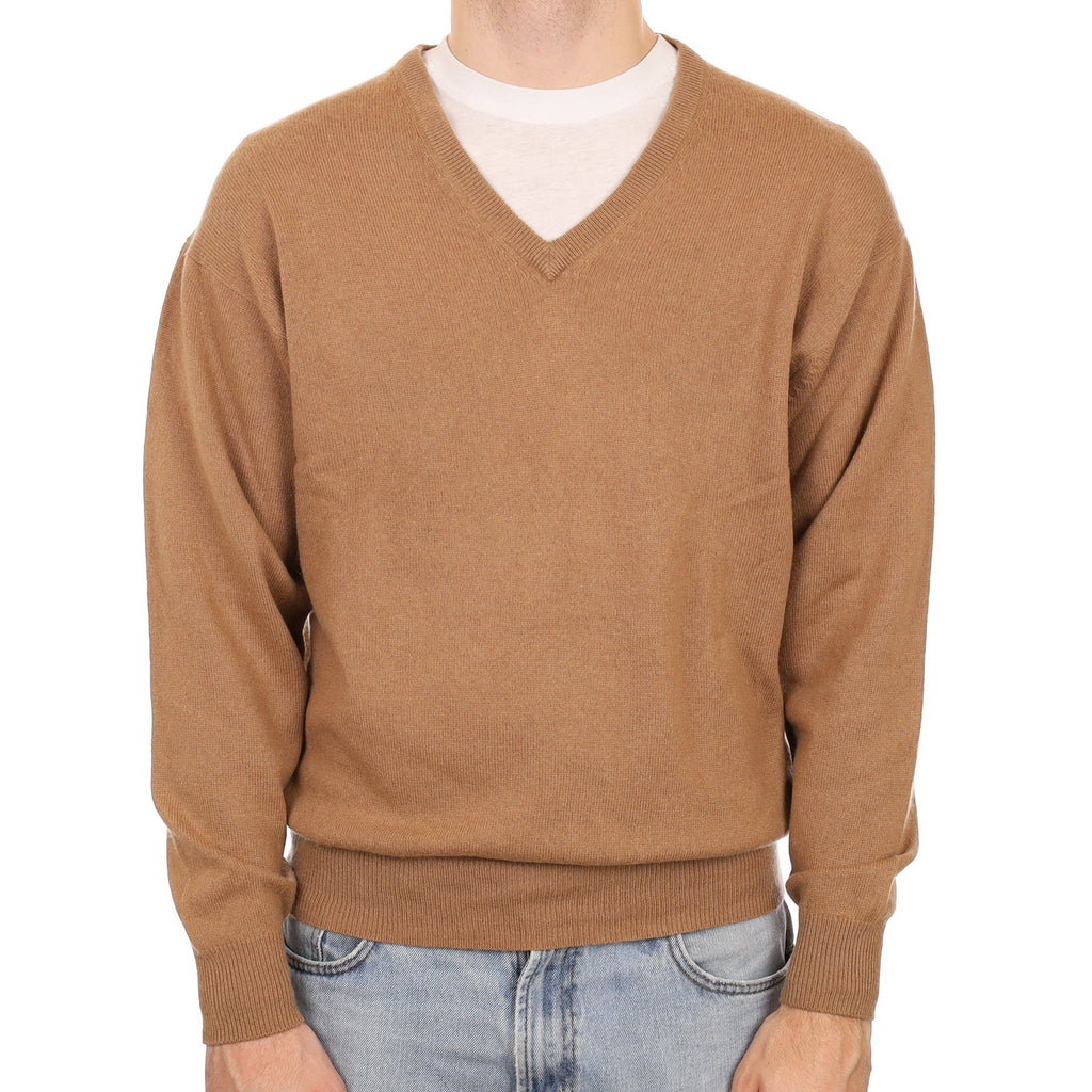 Men's Camel Cashmere V Neck Jumper Large
