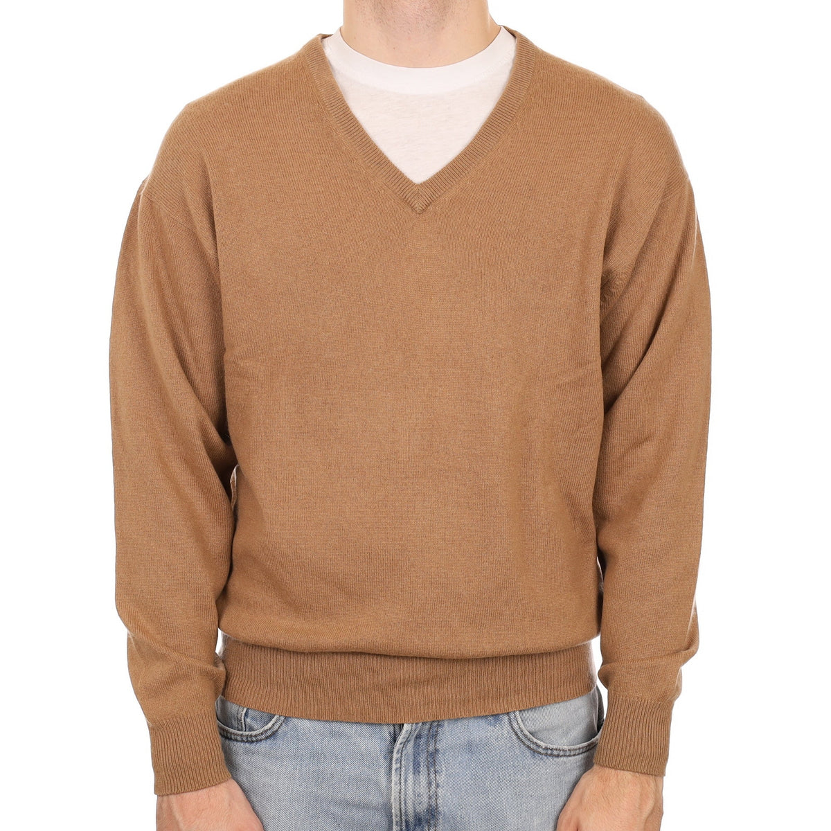 Men's Camel Cashmere V Neck Jumper Large