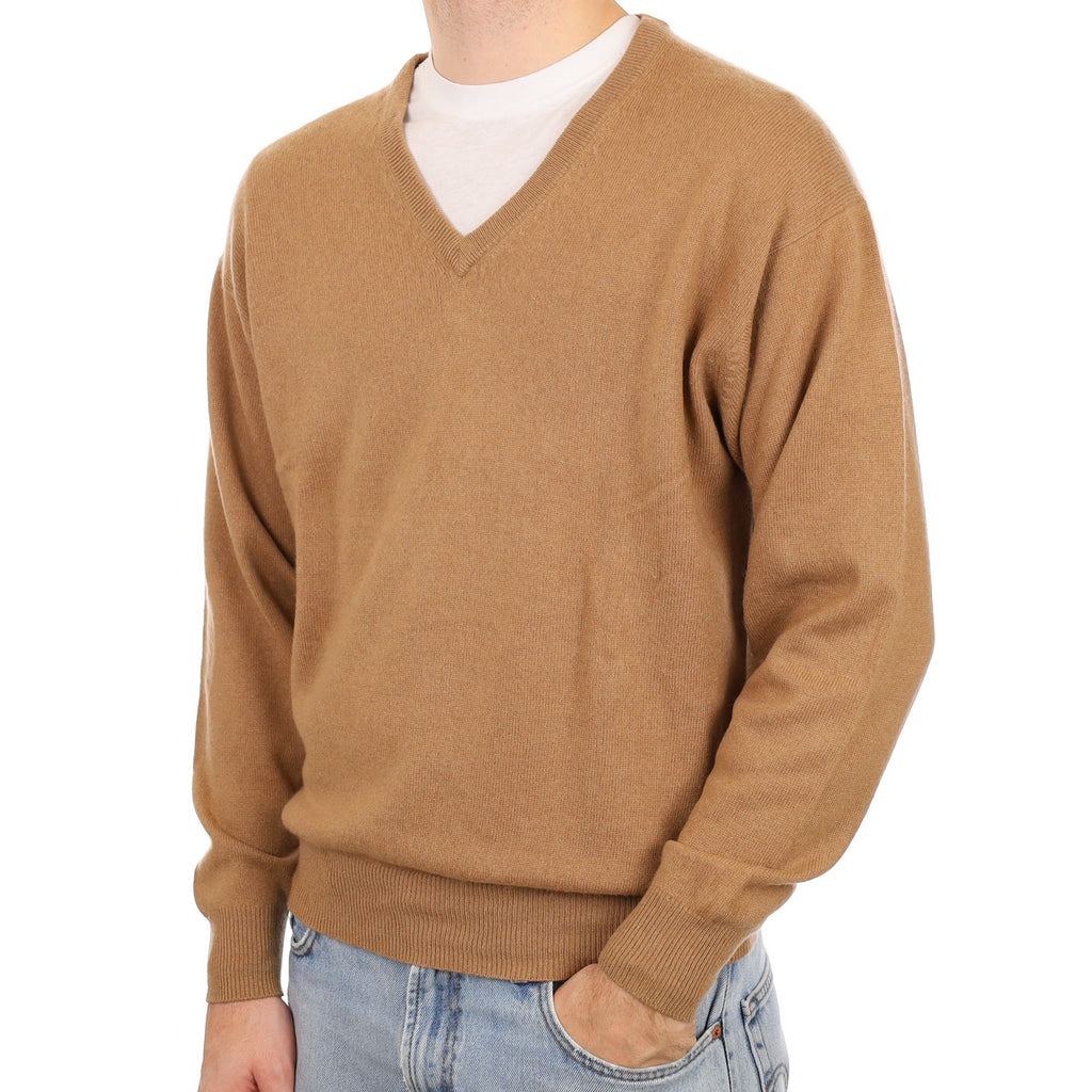 Men's Camel Cashmere V Neck Jumper Large