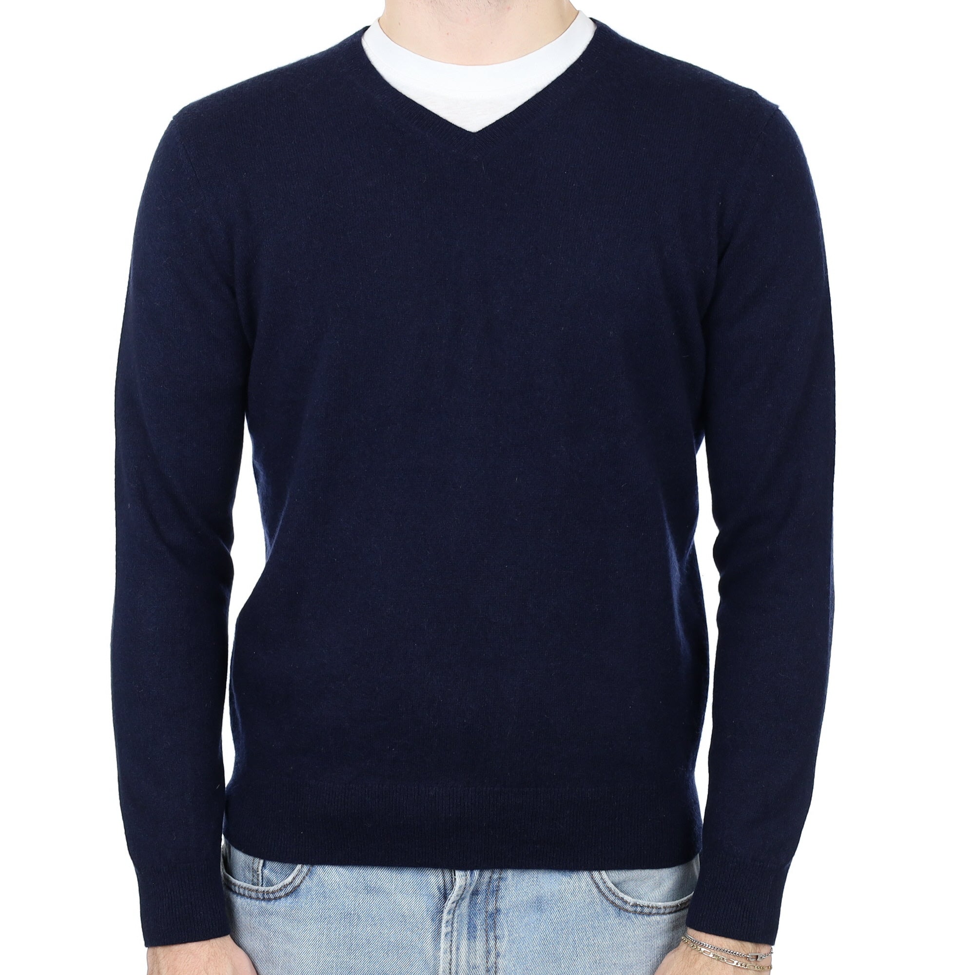 Men's Navy Cashmere V Neck Jumper Medium