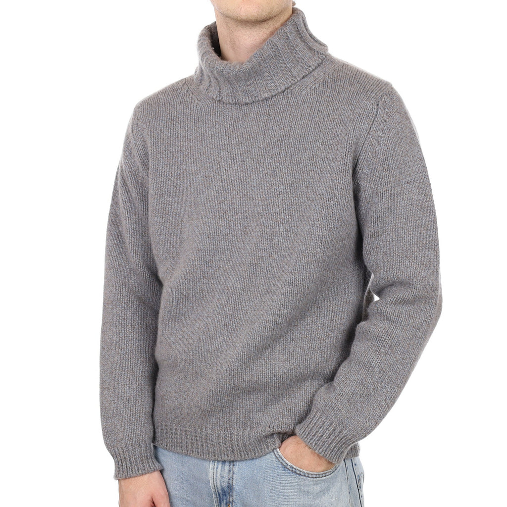Men's Begg & Co Mink Blue Marl Cashmere Super Chunky Polo Neck Jumper Large