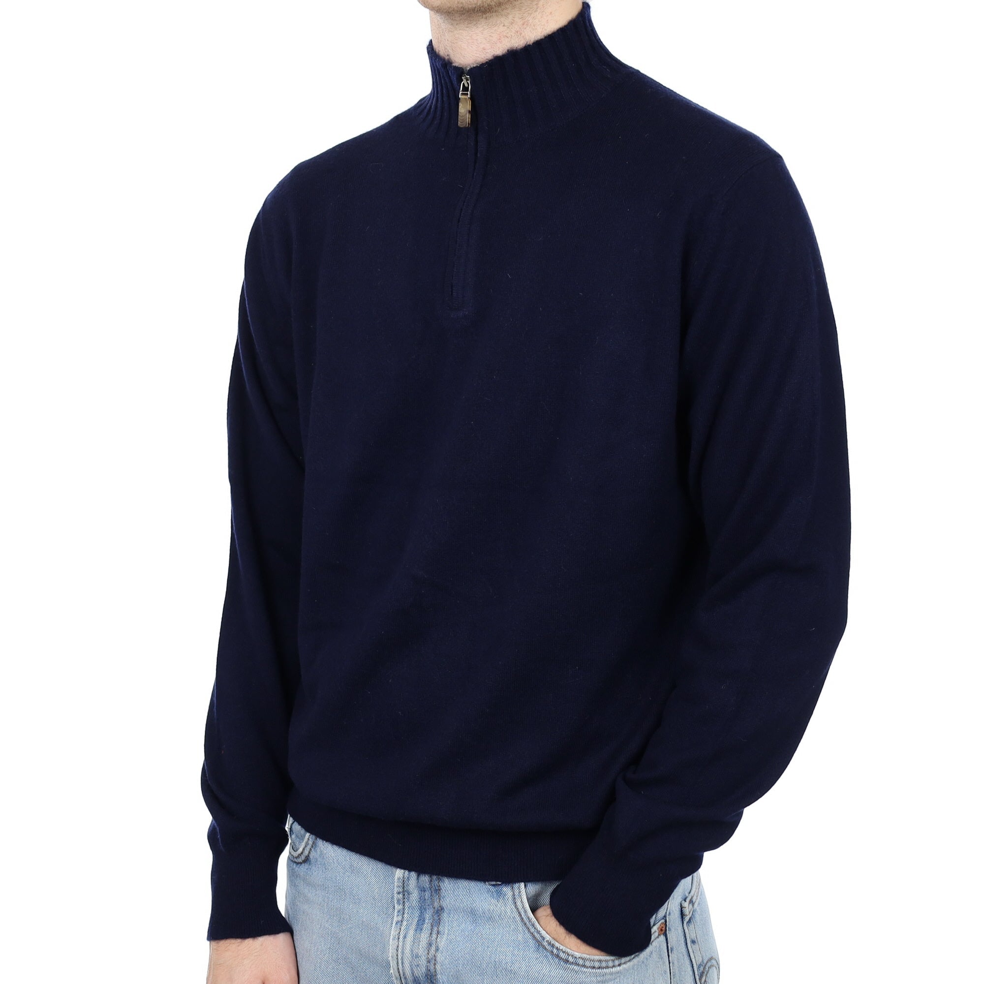 Men's William & Co Navy Cashmere 1/4 Zip Jumper Large