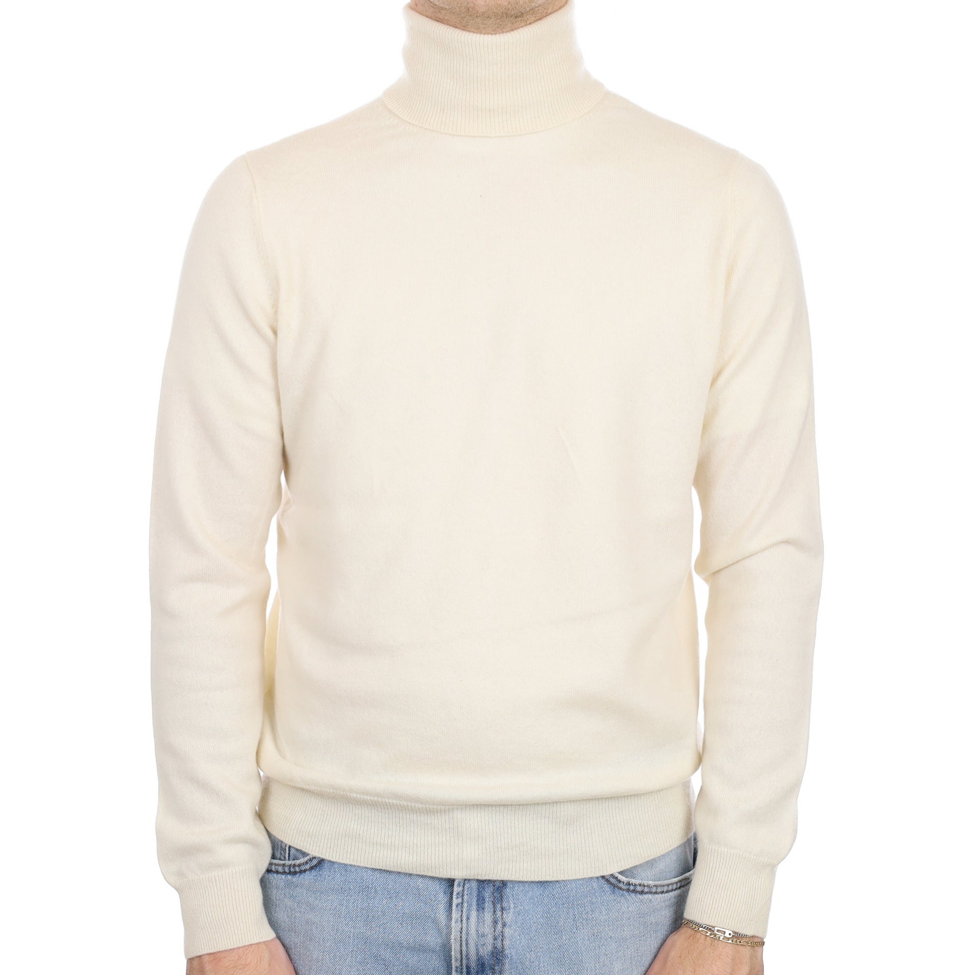 Men's Vanilla Cream Cashmere Polo Neck Jumper Large