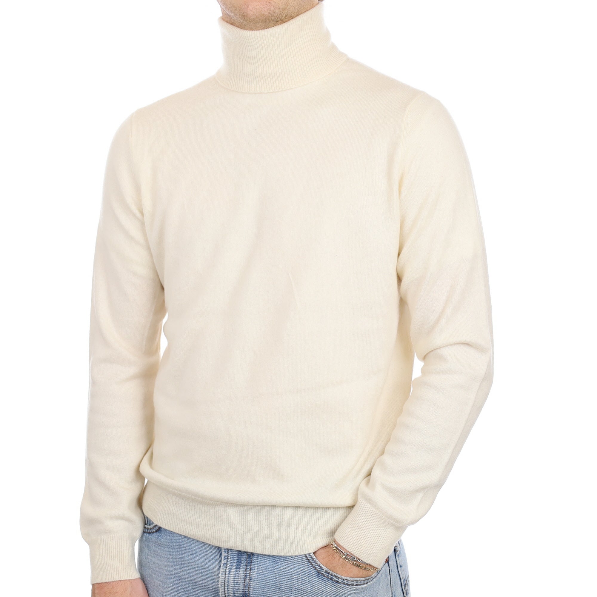 Men's Vanilla Cream Cashmere Polo Neck Jumper Large