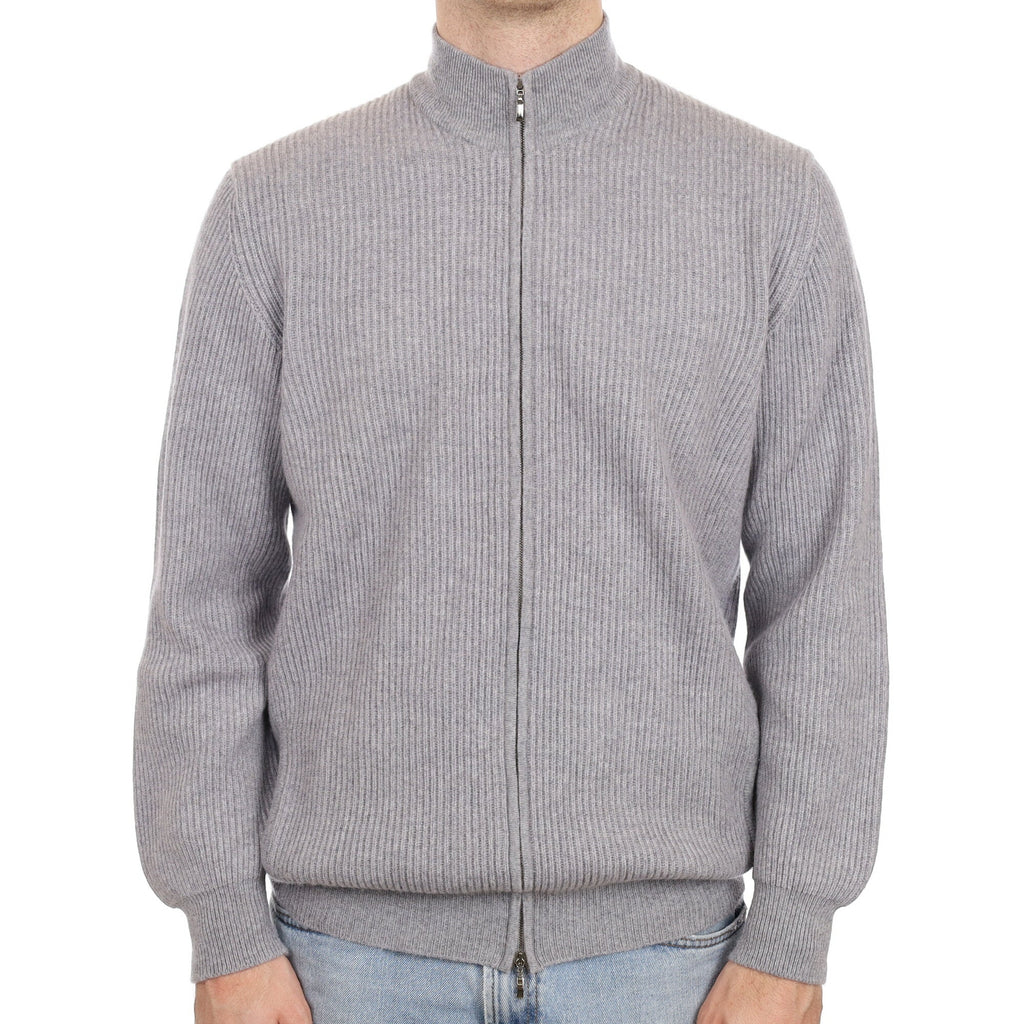 Men's William & Co Grey Chunky Rib Cashmere Zip Up Cardigan Large