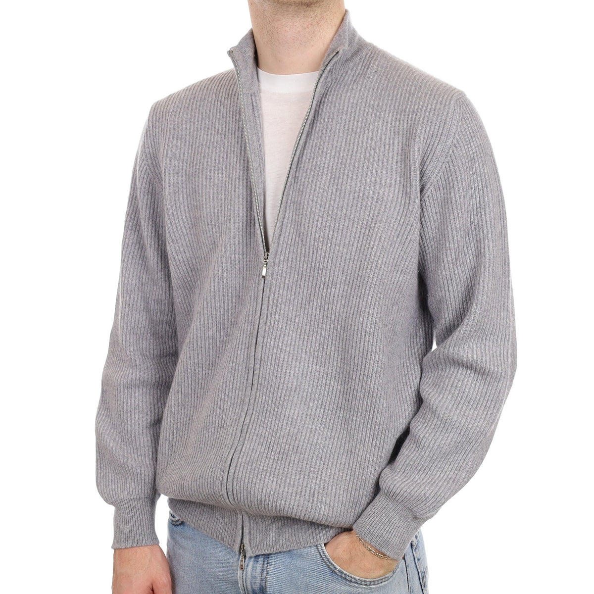 Men's William & Co Grey Chunky Rib Cashmere Zip Up Cardigan Large