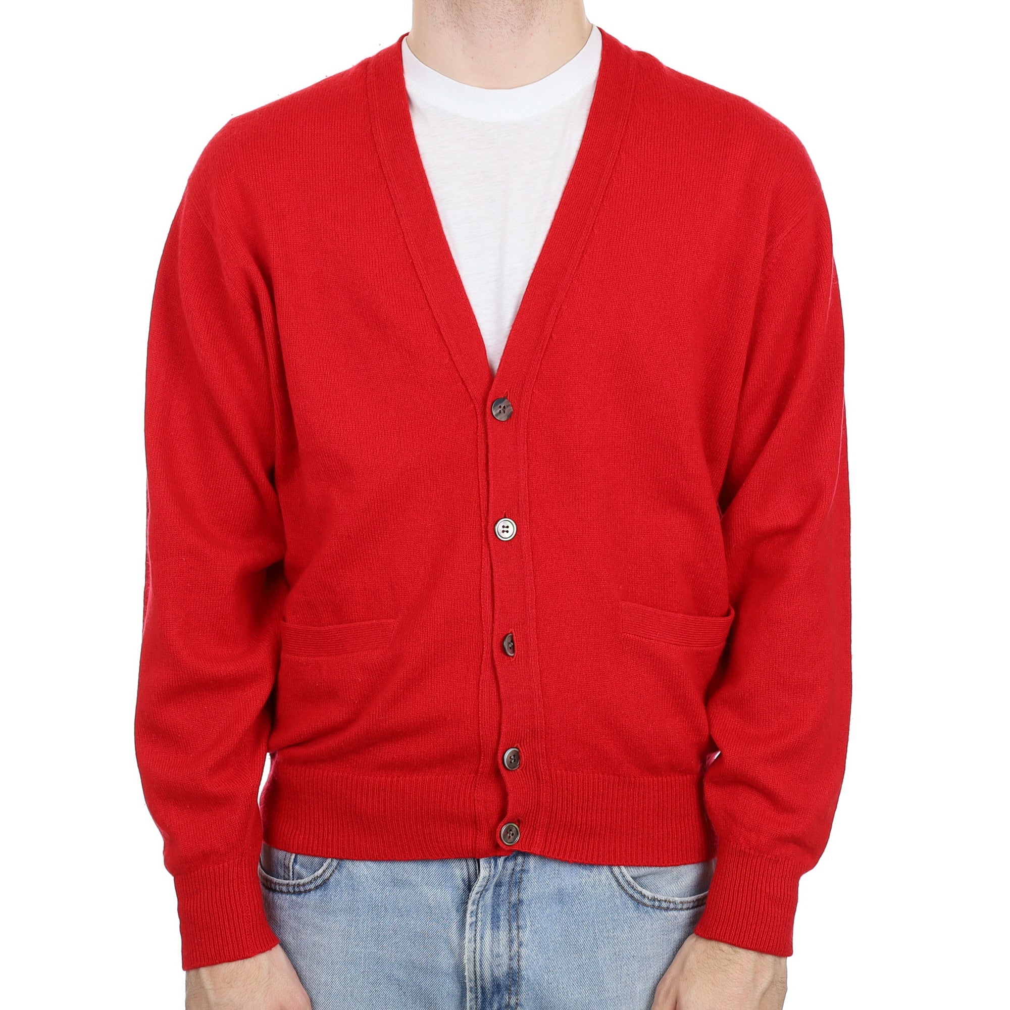 Men's Scarlets Red Cashmere V Neck Cardigan with PocketsLarge